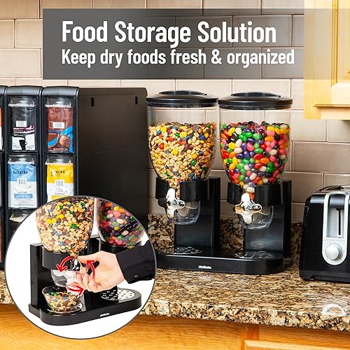 Vista 6 de Mind Reader Dispensador doble de cereales para encimera, 2 recipientes herméticos de 2 litros, dispensador giratorio de alimentos secos para Negro