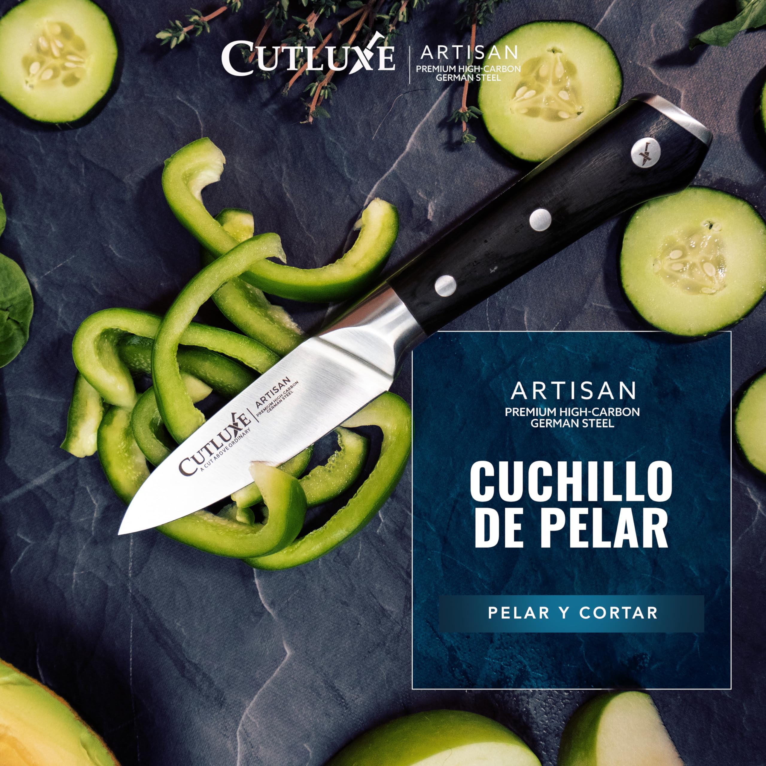 Cutluxe Cuchillo Pelar y Puntilla 9cm para Fruta y Verdura, Acero Alemán | Espiga completa con mango de Pakkawood triple remachado; filo afilado a mano; más de 56 HRC; garantía de por vida