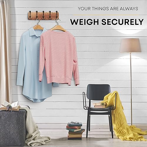 Miniatura 4 de Perchero rústico para montaje en pared, de 16 pulgadas de agujero a agujero, de madera maciza de pino marrón, perchero montado en la pared con 5