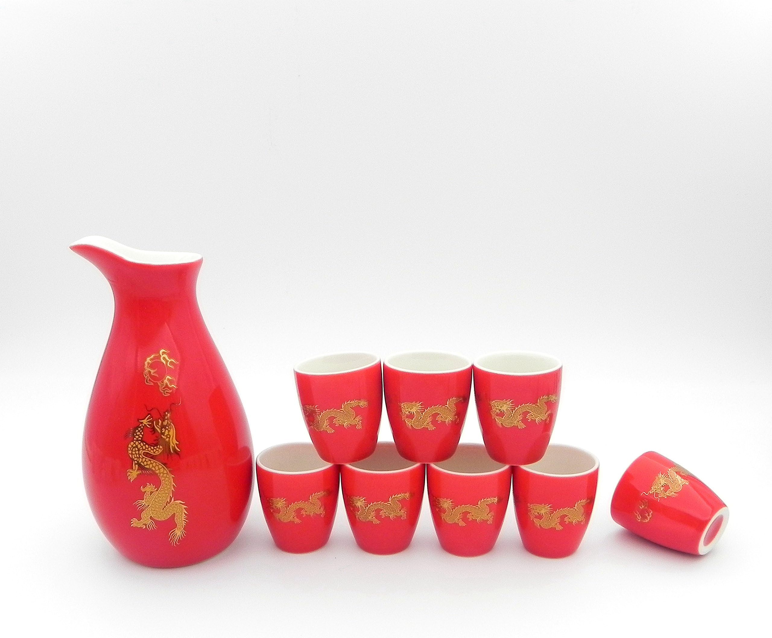 Ashbur Craftmanship 9 Piece Japanese Porcelain Sake Set, Red with Imperial Dragon Style