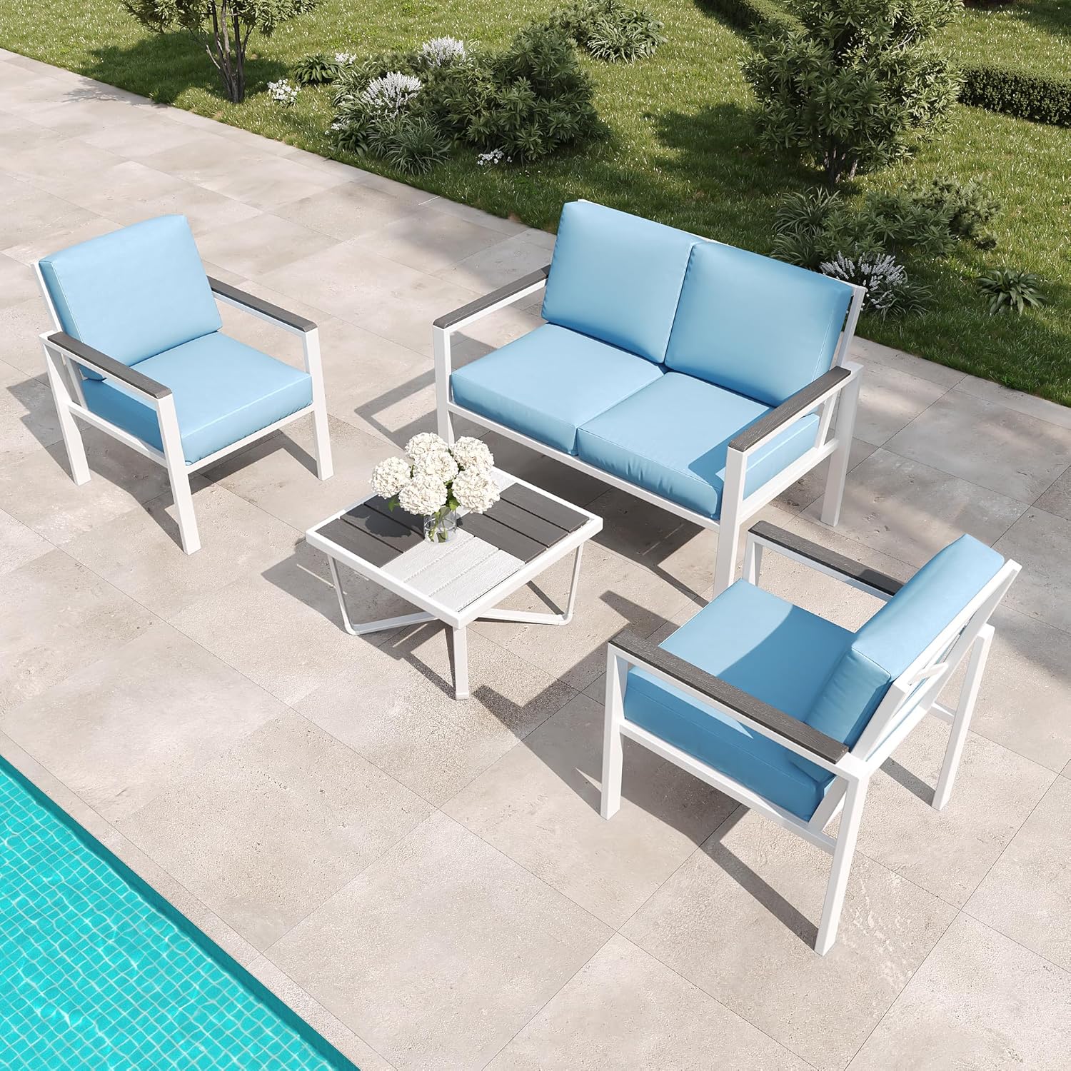 4-Piece Outdoor Patio Furniture Set, Metal Conversation Sofa Set with Deep Cushions & Wood-Like Armrests, Modern Patio Seating with Coffee Table for Garden, Porch, Balcony, Backyard (White)