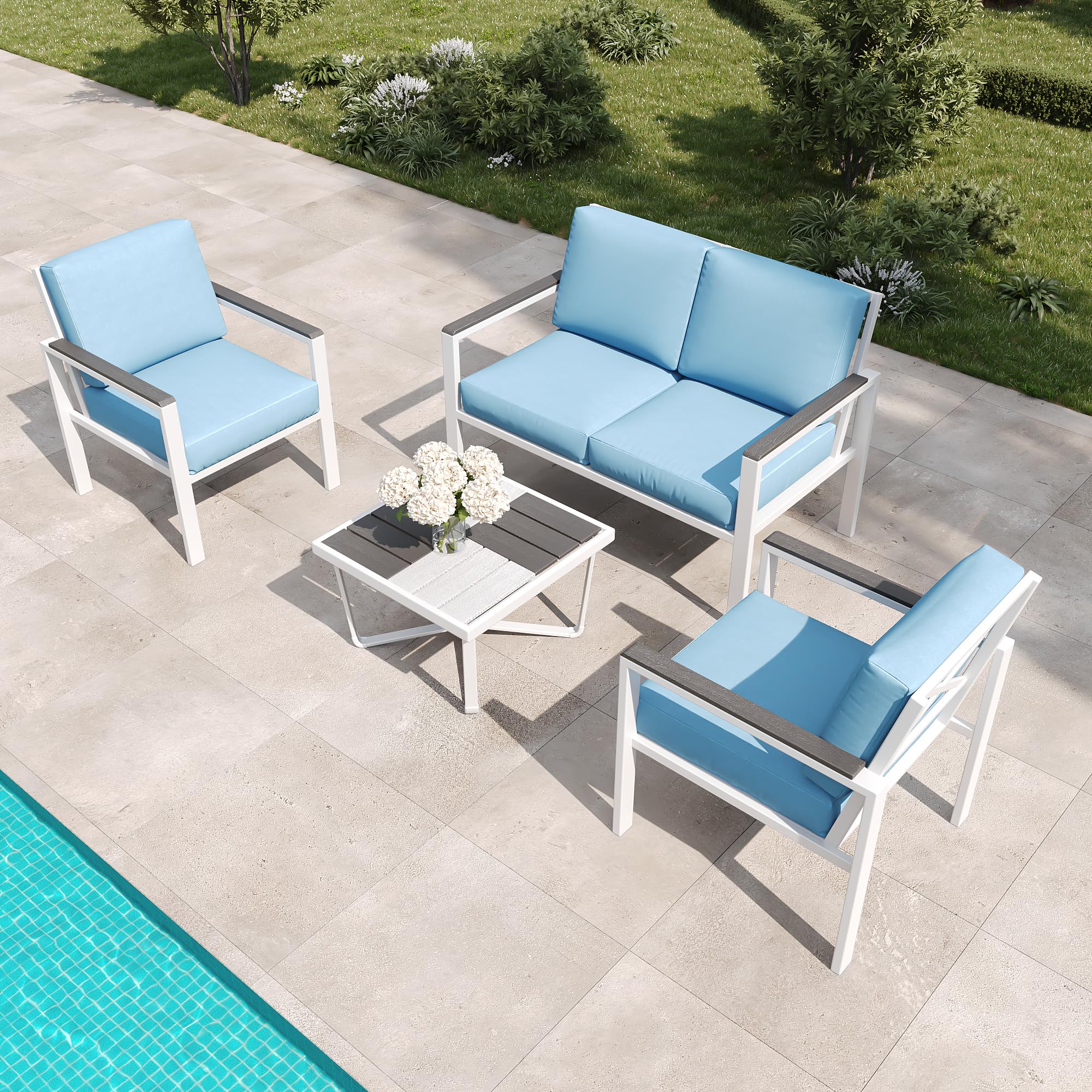 MAISON BACKYARDS MBY 4-Piece Outdoor Patio Furniture Set, Metal Conversation Set with Cushions & Wood-Like Armrests, Modern Patio Sectional with