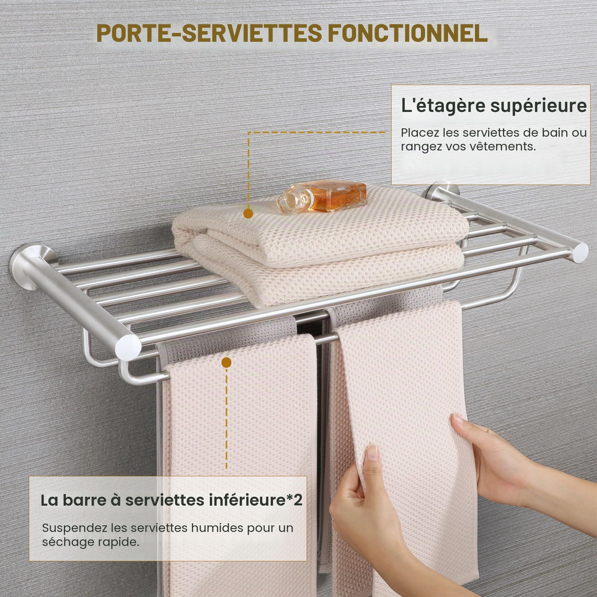 SAYAYO Porte Serviette Mural en Double Barres avec Étagère, Range Support Serviette en Acier Inoxydable pour Salle de Bain Cuisine Toilette, 60CM Brossé, EGKN2308-600-LS (95MM Entre Les Barres)