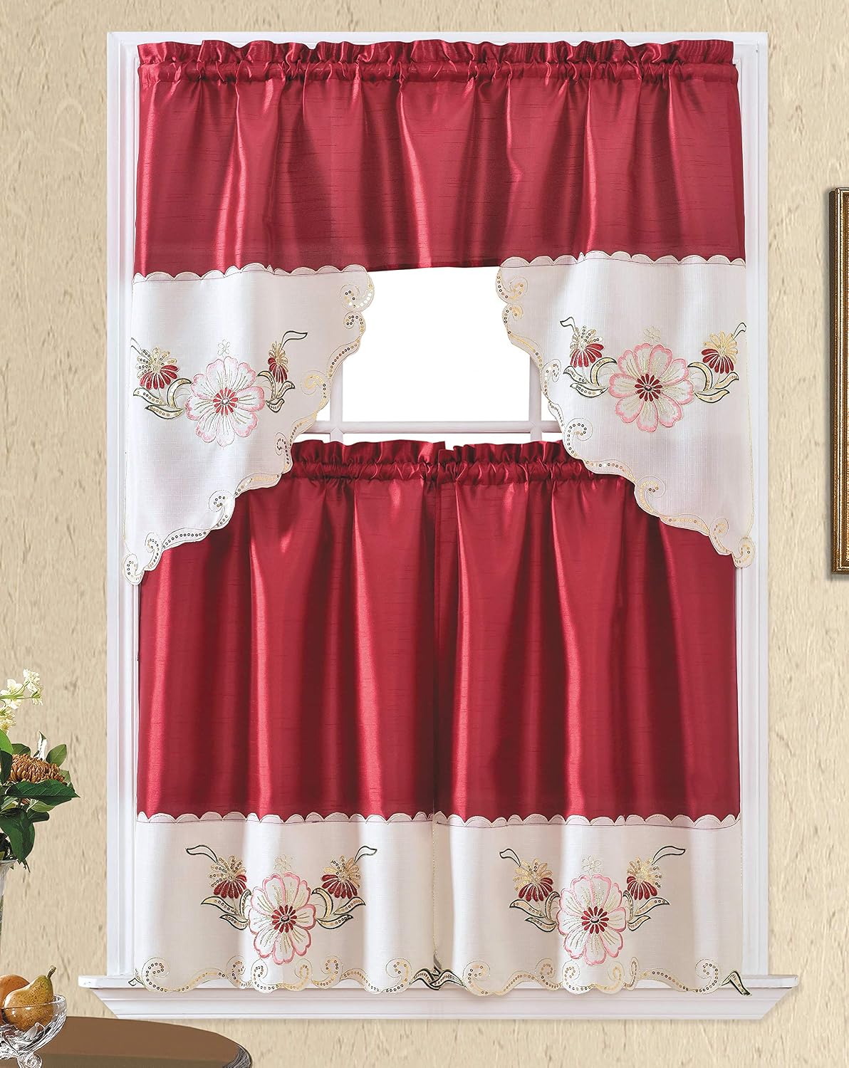 JODY CLARKE 3pc Rod Pocket Embroidered Kitchen Curtains and Valances Set Swag Curtains & Tier Set 36 Inch Length Floral Fruit Designs Many Colors(BT383-BURGUNDY)