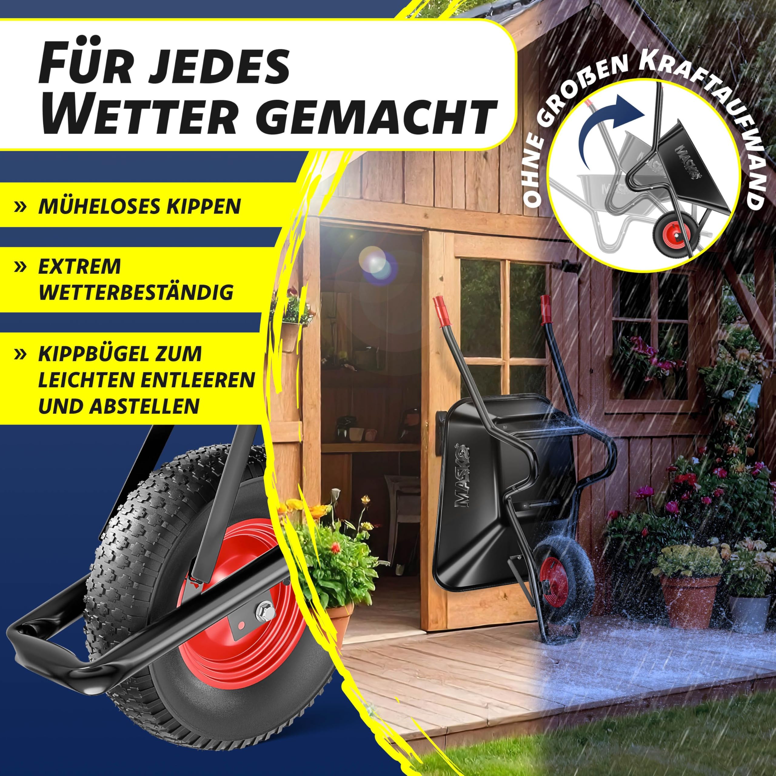 MASKO® Schubkarre Bauschubkarre Gartenschubkarre 100 Liter 250kg Luftreifen mit Stahlfelge + Ersatzschlauch Schubkarrenschlauch, verzinkt Stahlrahmen Garten Karre Schiebkarre Transportkarre Handschuhe