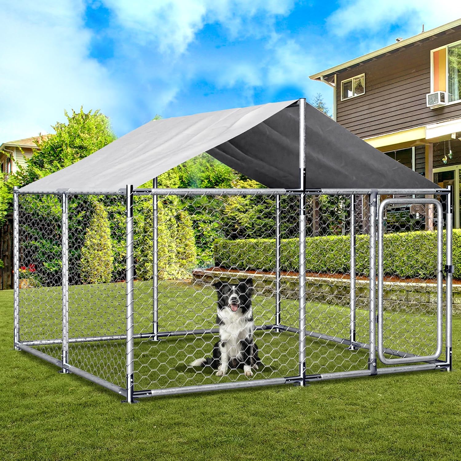 LEISU Dog Kennels Outside Large Outdoor Dog Kennels with Water-Resistant Cover Dog Cage Heavy Duty Dogs House for Back Yard Farm (7.5x7.5x5.25 FT)