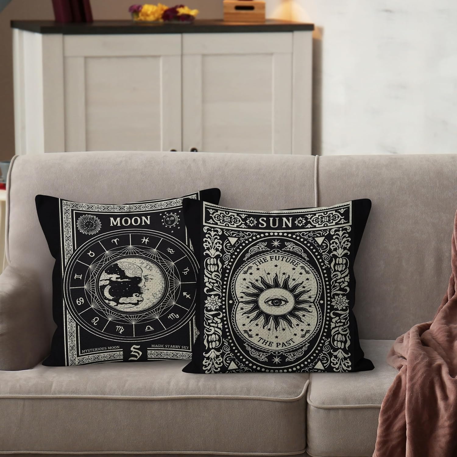 Tarot the Star Moon Linen Throw Pillow Case, 18 x 18 Inch Set of 2, Daughter Sister Astrology Tarot Lovers Gifts, Mom, Wife Gifts, Tarot Art Cushion Cover for Sofa Couch Bed Girl Room College Dorm