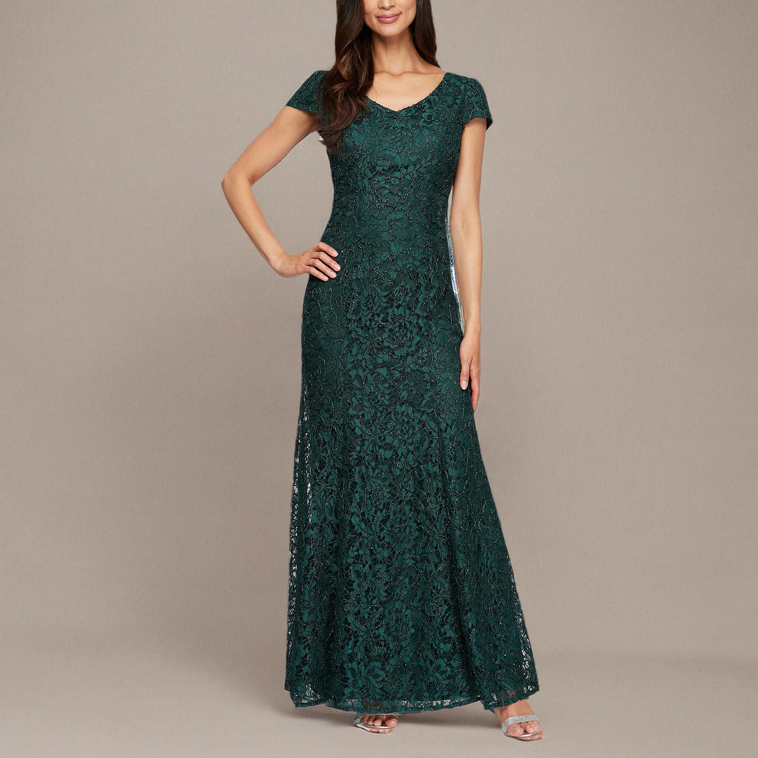 Alex Evenings Women's Long Rosette Mother of The Bride Dress with Short Sleeves: , Wedding Guest (Petite and Regular Sizes)
