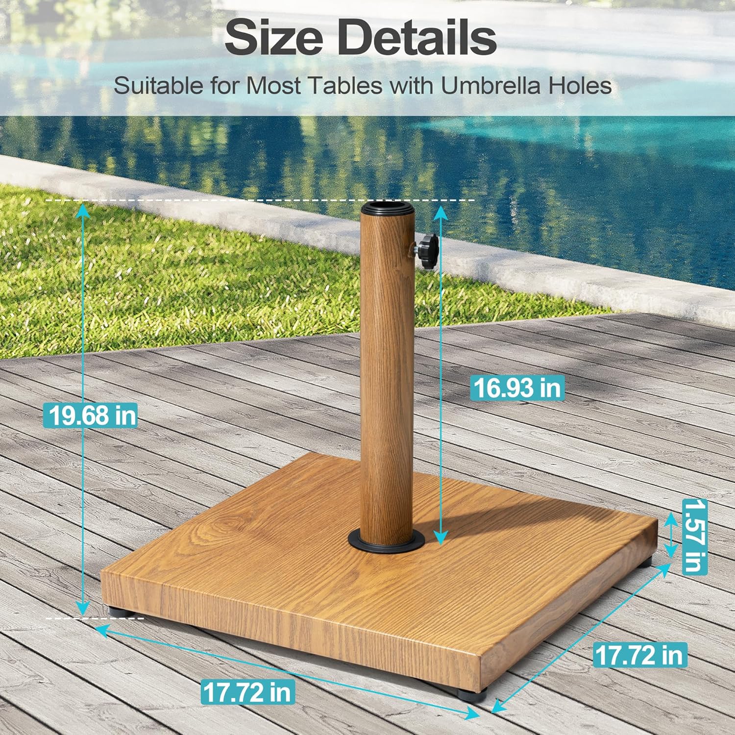 Patio Umbrella Base, 43lbs Outdoor Heavy Duty Square Concrete Stand, Fits 6-12ft Fringe Market Umbrella, Teak Brown - Image 3