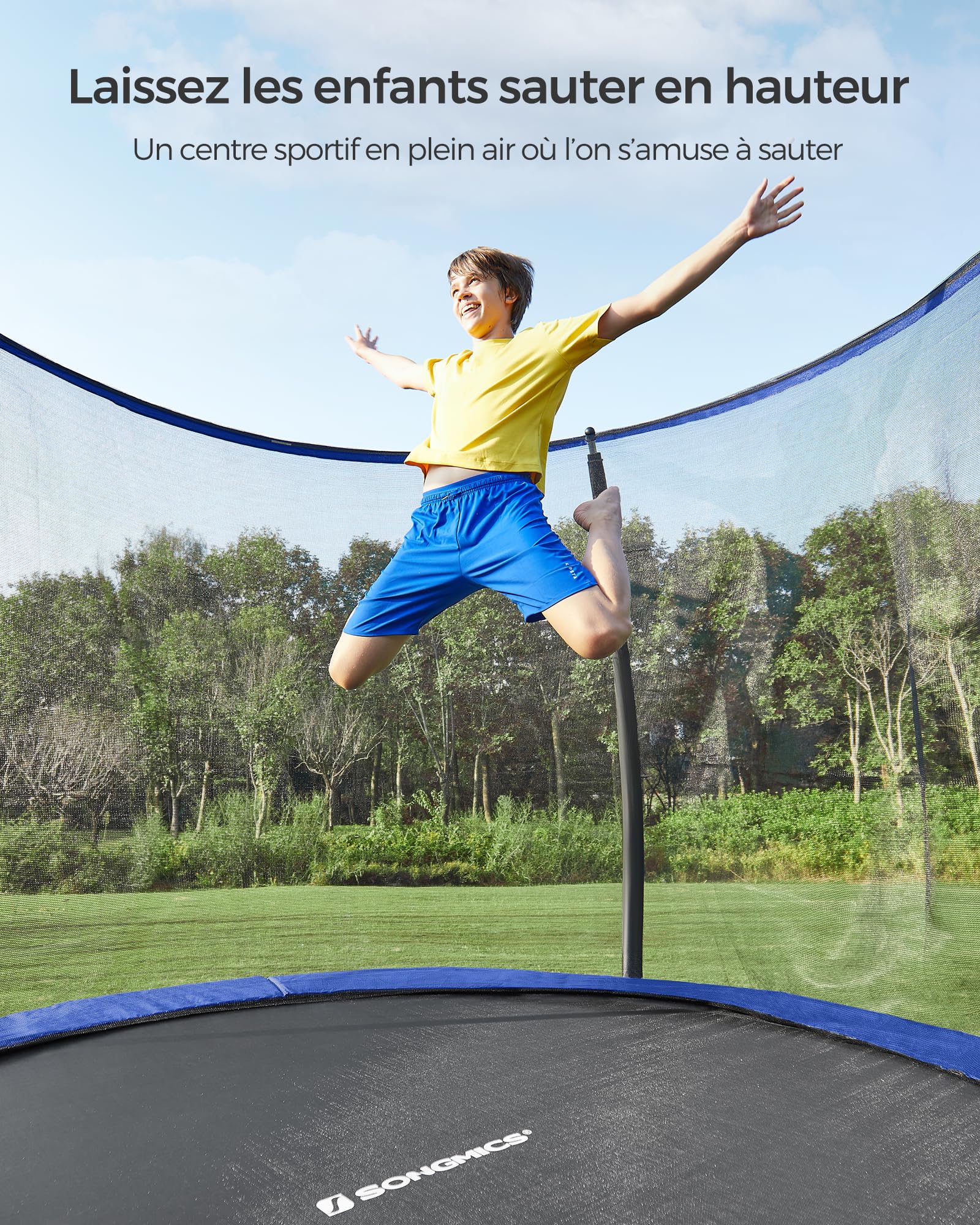 SONGMICS Trampoline Extérieur Enfant Diamètre 244/305/366/427 cm, Filet de Protection, Poteau Incurvé de 180 cm de Haut, Coussins de Sécurité, Échelle, Cadre en Acier