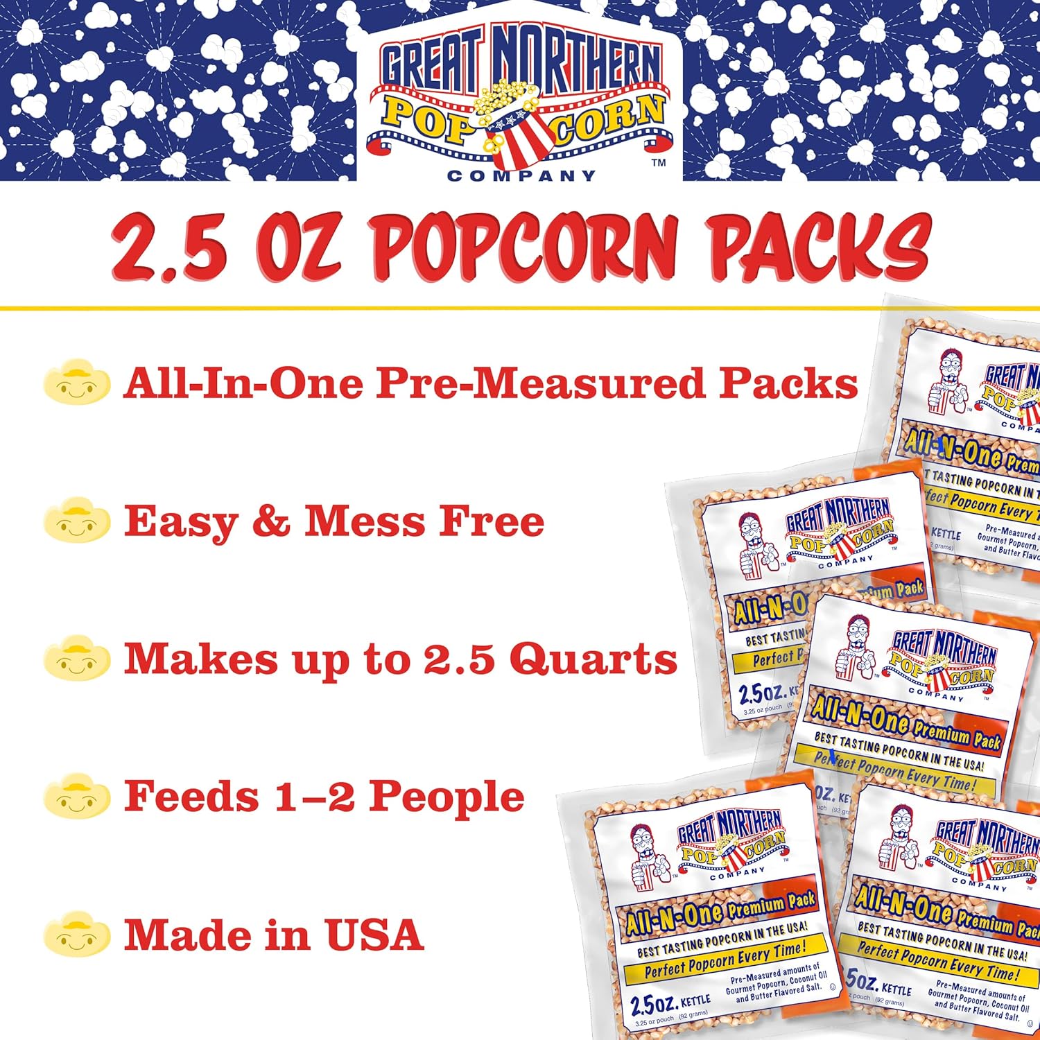 2.5oz Popcorn Packs - Pre-Measured, Movie Theater Style, All-in-One Kernel, Salt, Oil Packets for Popcorn Machines by Great Northern Popcorn (40 Case)