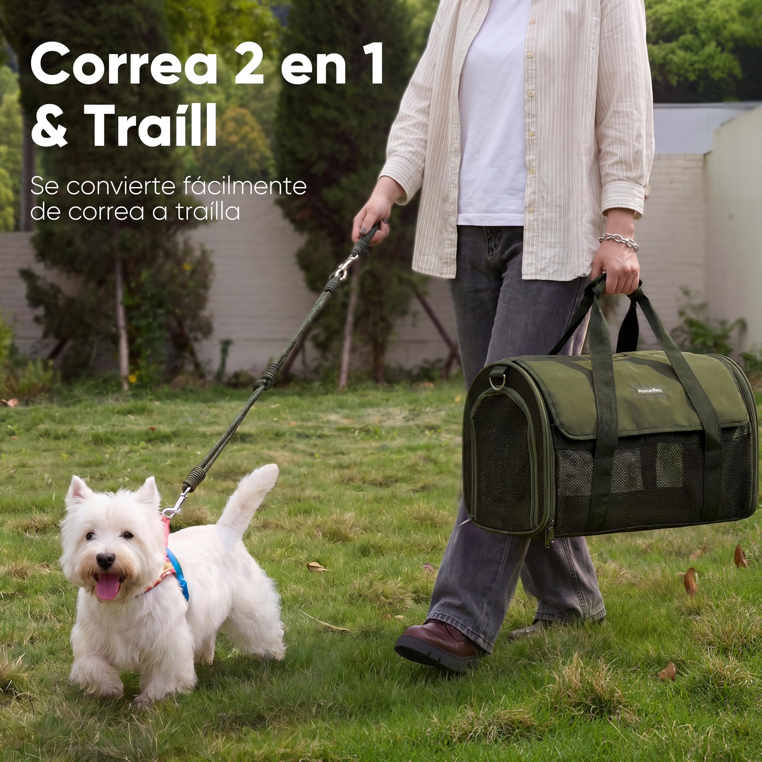 FUKUMARU transportín para Gatos y Perros, pequeño, Ligero y Transpirable, 46 x 28 x 28 cm, homologado para Viajar en Cabina, Plegable y Blando, con Malla antirrascado, Color Verde