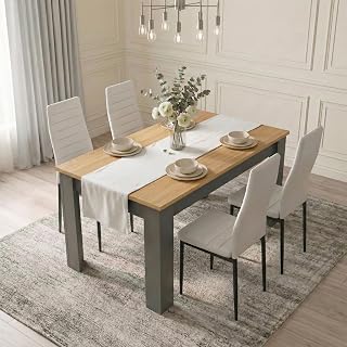 Blisswood Dining Table and 4 Chair Set, PU Leather Chairs, 17mm Thick Table Tabletop 120x80cm, kitchen table, Modern Design Wooden dining Table Set for Home furniture (Grey & Pine, White Chair)