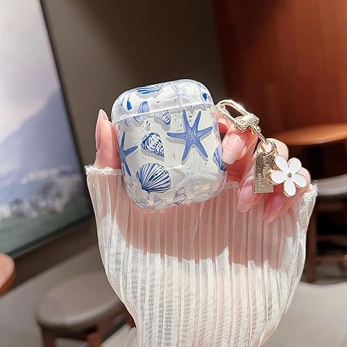 Miniatura 3 de MINSCOSE Funda transparente compatible con AirPods 1 y 2, bonito diseño de patrón de conchas y estrellas de mar con llavero, funda protectora de TPU