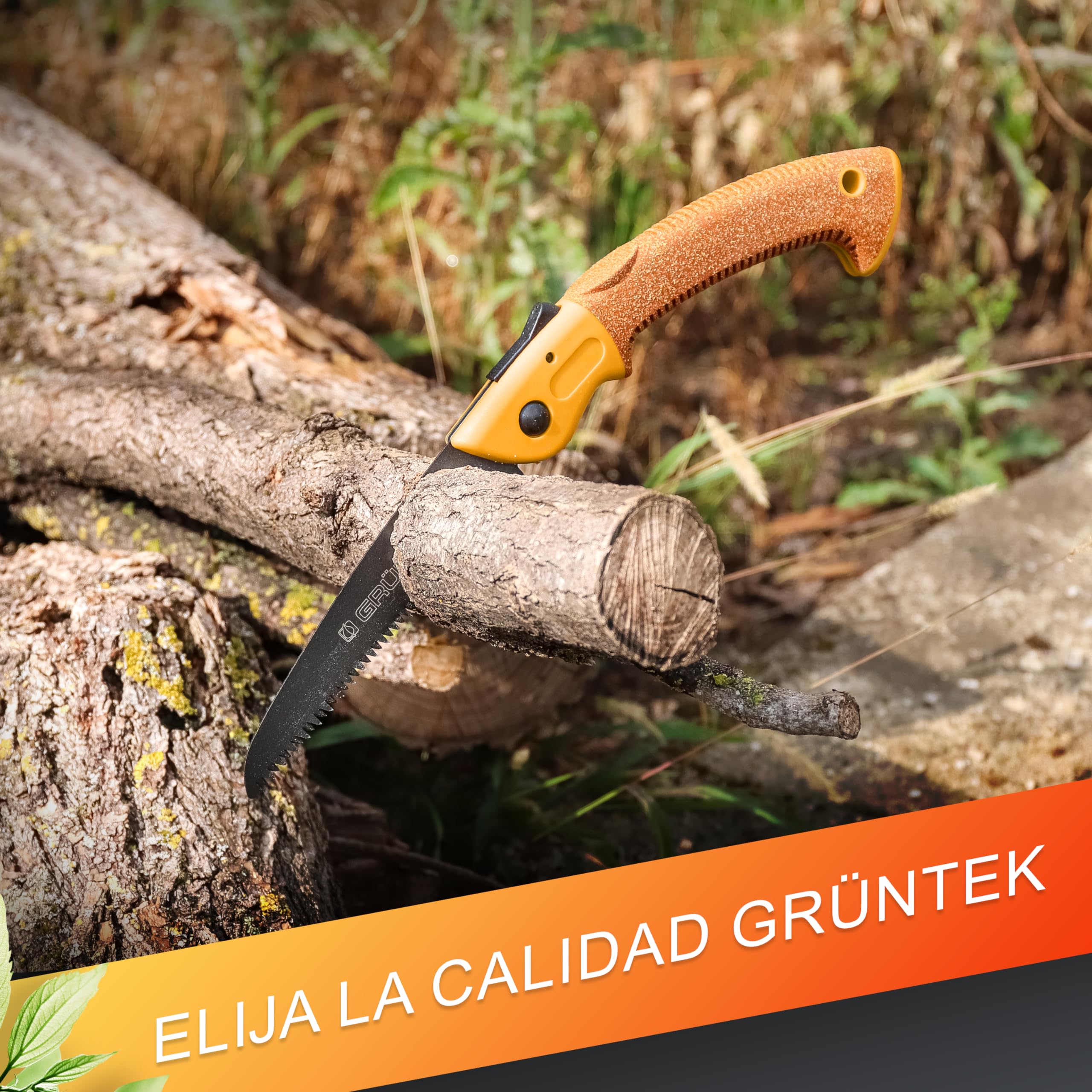 GRÜNTEK Sierra Plegable de Poda para jardinería 180 mm - Mango de corcho - Hoja de TEFLON y acero. Sierra para podar de camping y jardín