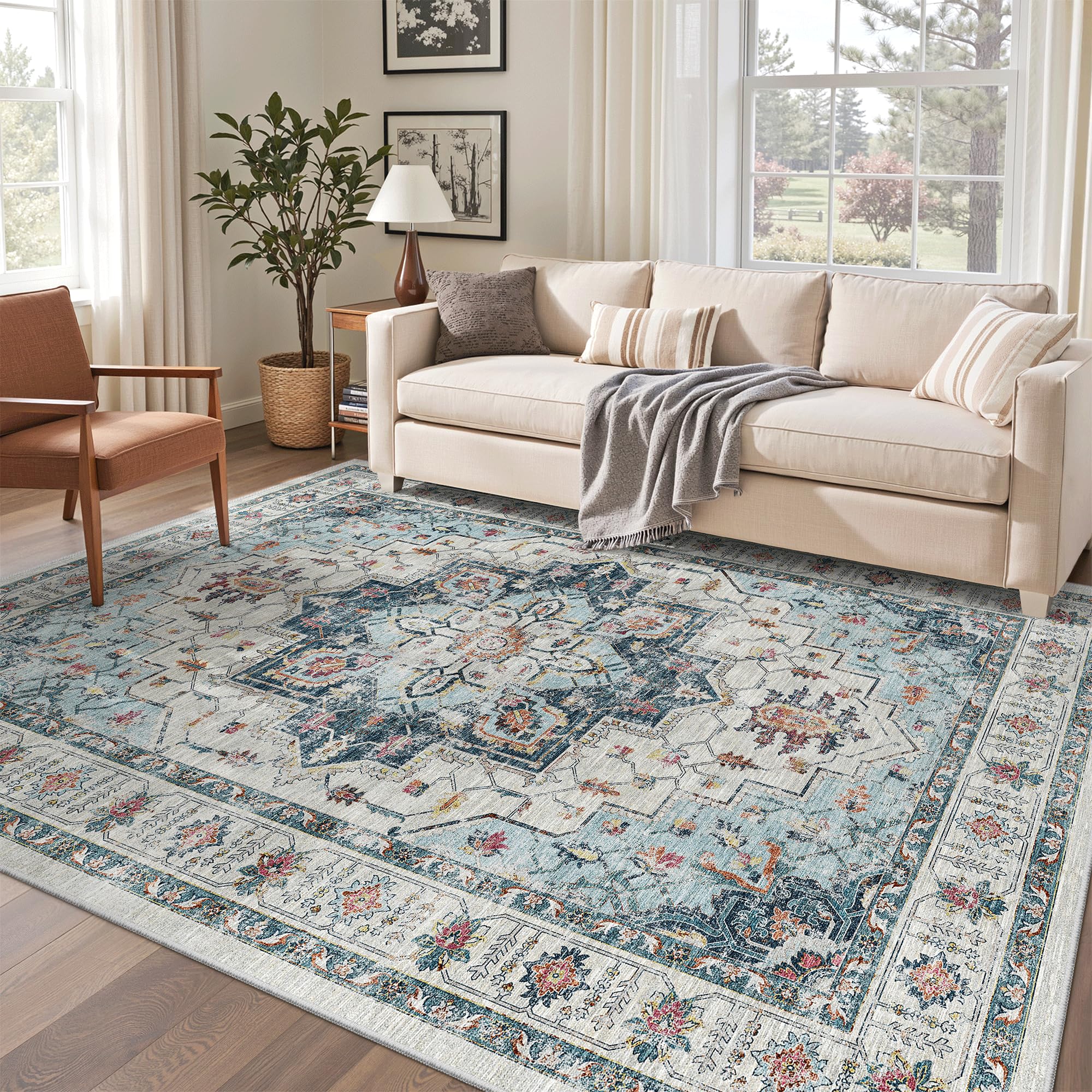 Photo 1 of Madane 6x9 Area Rugs for Living Room, Soft Vintage Washable Rug, Blue