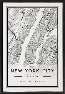 Kate and Laurel Sylvie New York City Modern Map Framed Linen Textured Canvas Wall Art by Jake Goossen, 23x33 Black, Geographical Map for Wall