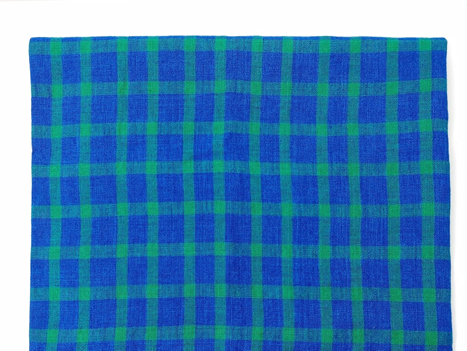 100% Linen Blue-Green Gingham Check Fabric – Vintage Delave Dyed 7567 Blue