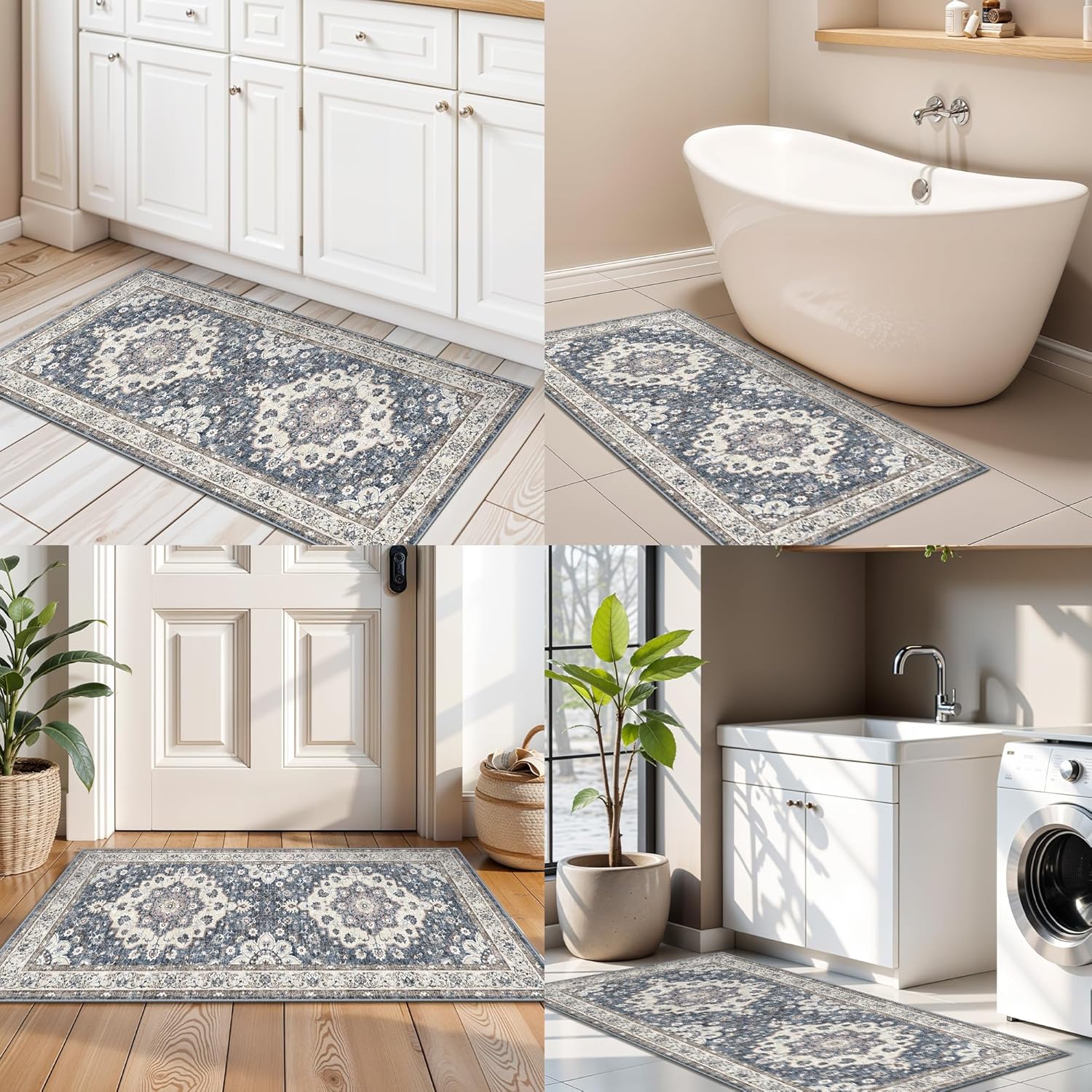 Washable 2x4 Entryway Runner Rug: Vintage Non-Slip Water Resistant Kitchen Rugs Oriental Distressed Durable Doormat Ultra Thin Soft Bedroom Carpet Low-Pile Floor Mat for Bathroom Dining Room(2x4,Blue)