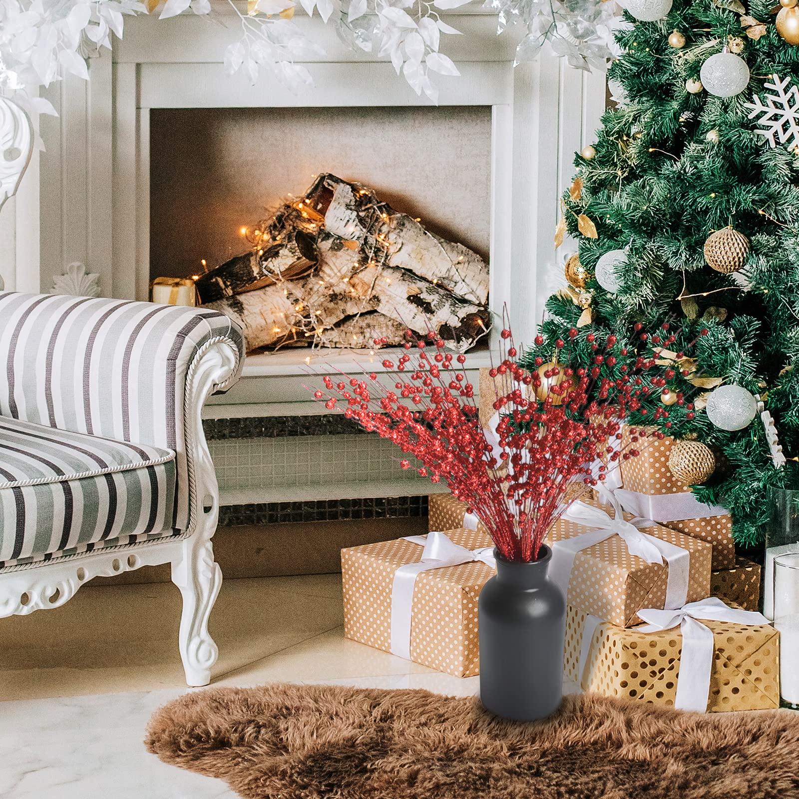 Branches De Baies Rouges | 43,2 Cm | Baies Réalistes | Tige Métallique Durable | Pics De Noël | Pour Arbres, Couronnes Et Guirlandes | Décorations De Vacances | Décoration De Maison Et De Bureau (lot