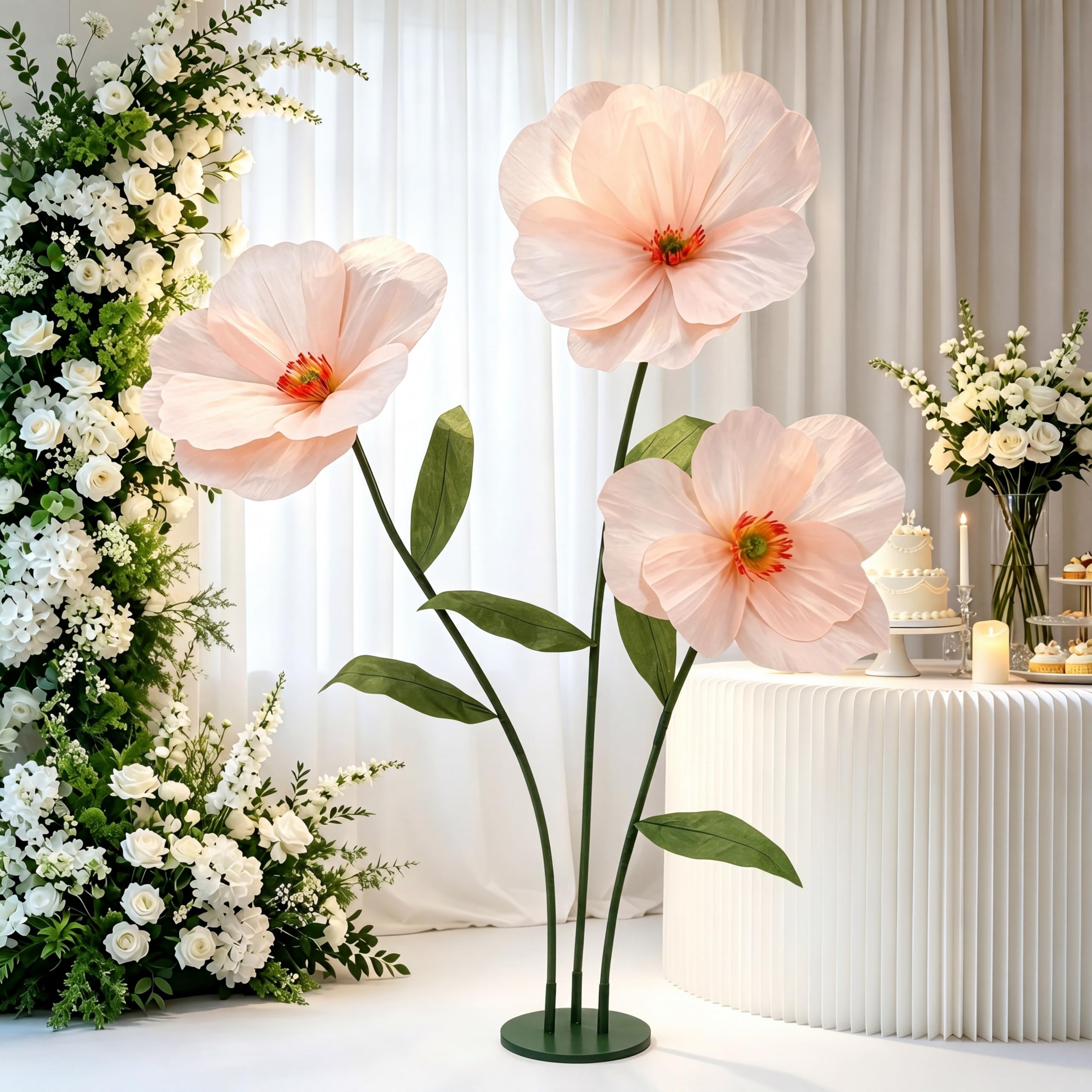 Photo 1 of Rivvlive 6ft Champagne Giant Flowers for Decoration with Stand, Large Artificial Poppy, Big Paper Flower Decor for Garden Wedding Party Photography Props Hotel Office Art Gallery Shop Window Display