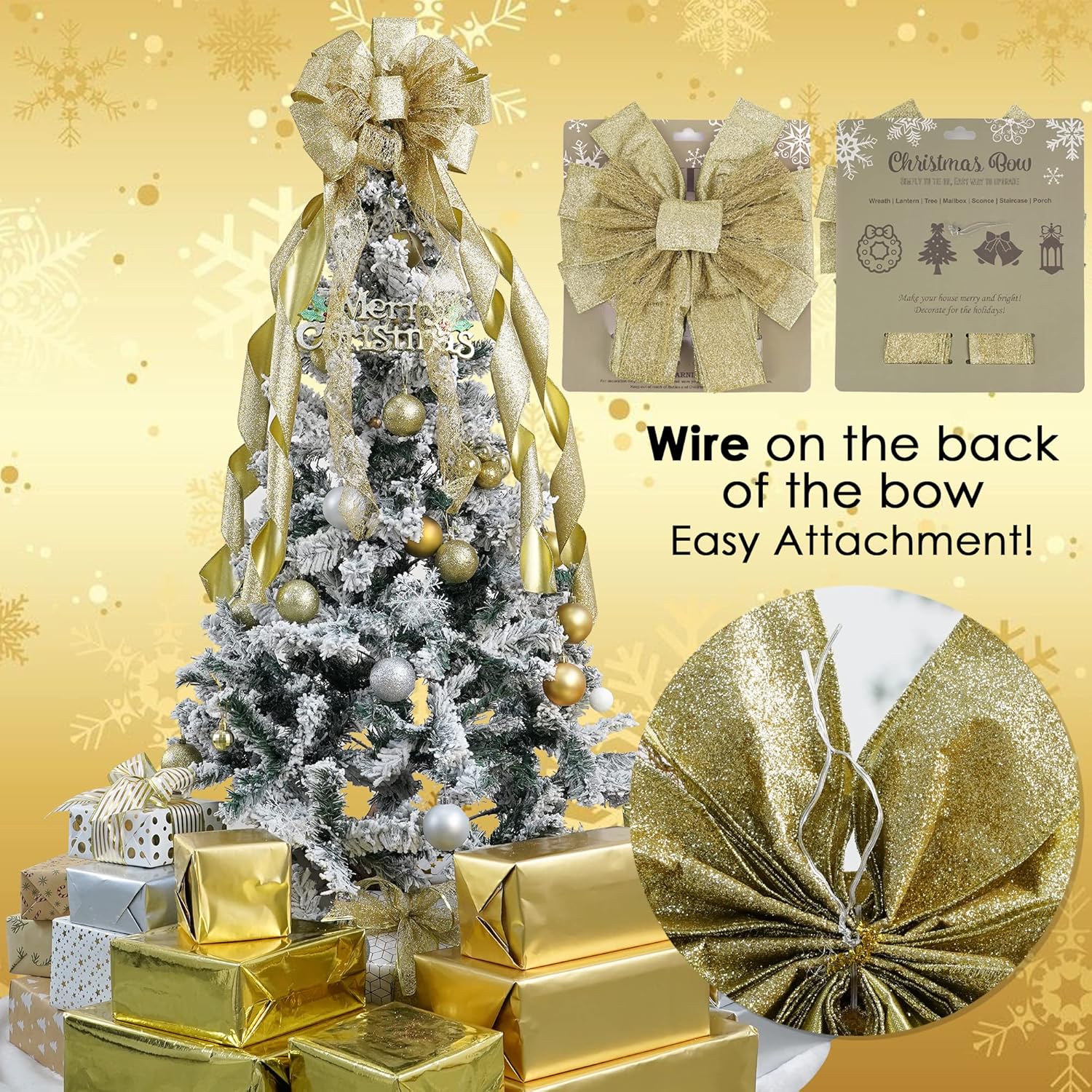 MEEDEE Gold Christmas Tree Topper Gold Glitter Christmas Bows 12" Wide Snowflake Ribbon Bow Gold Christmas Bows Gold Christmas Topper Large Gold Bows for Christmas Tree Decoration (1 Pack) - Image 3