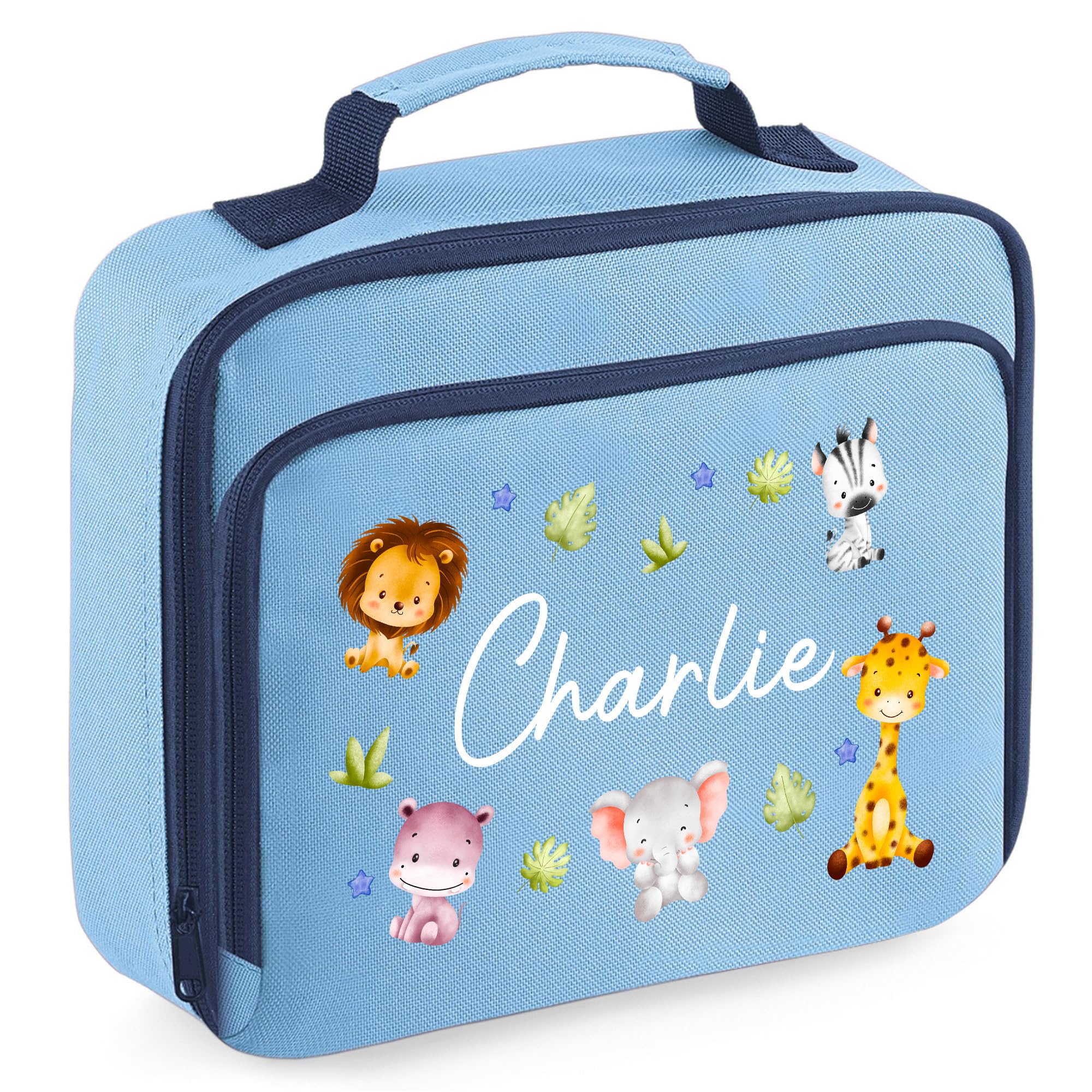 Personalised Safari Animals Kids Lunch Bag Custom Wildlife Ensemble Lunchbox for Back to Nursery School, 24cm x 20cm x 8cm, Sky Blue