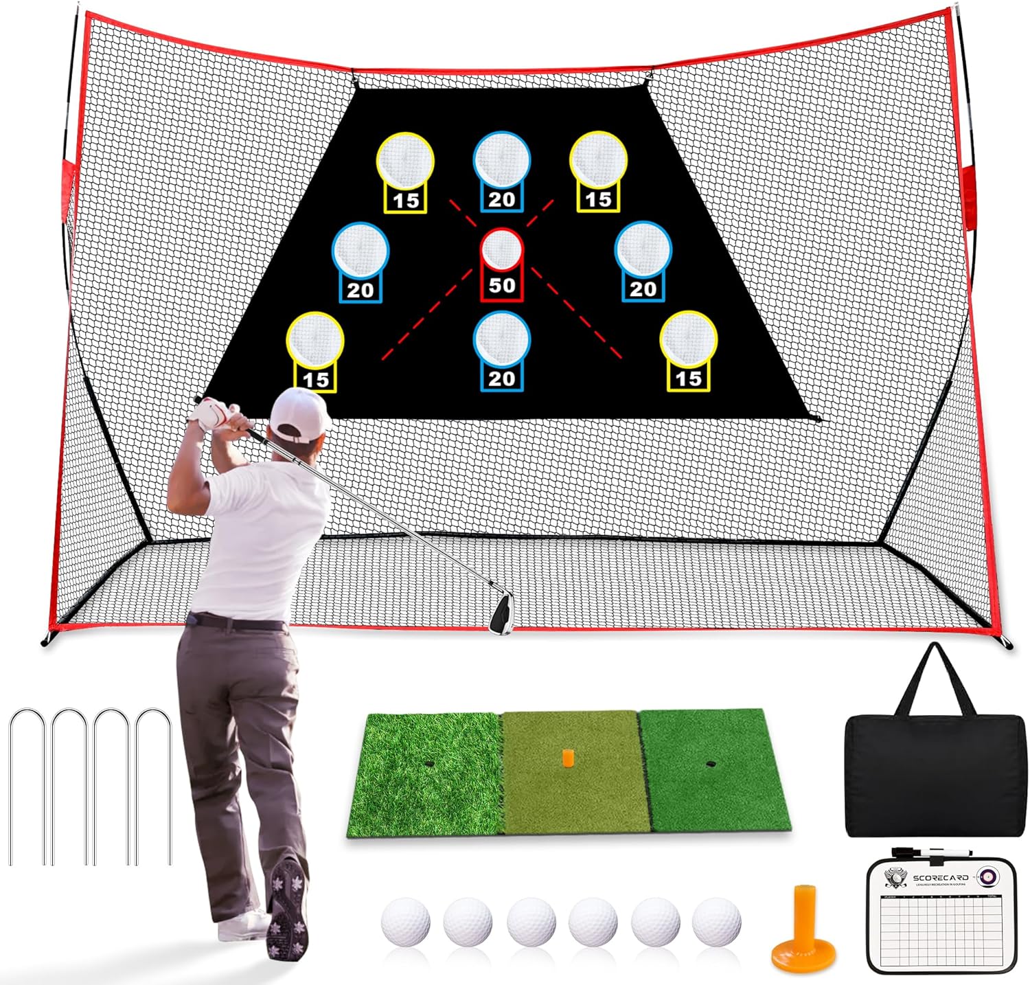 Golf Net, 10x7Ft Golf Practice Hitting Net with Scoring Target Cloth, Tri-Turf Mat, Balls, Tee, Carring Bag, Scorecard, Portable Hitting Nets for Backyard Traning Driving Chipping Indoor Outdoor Use