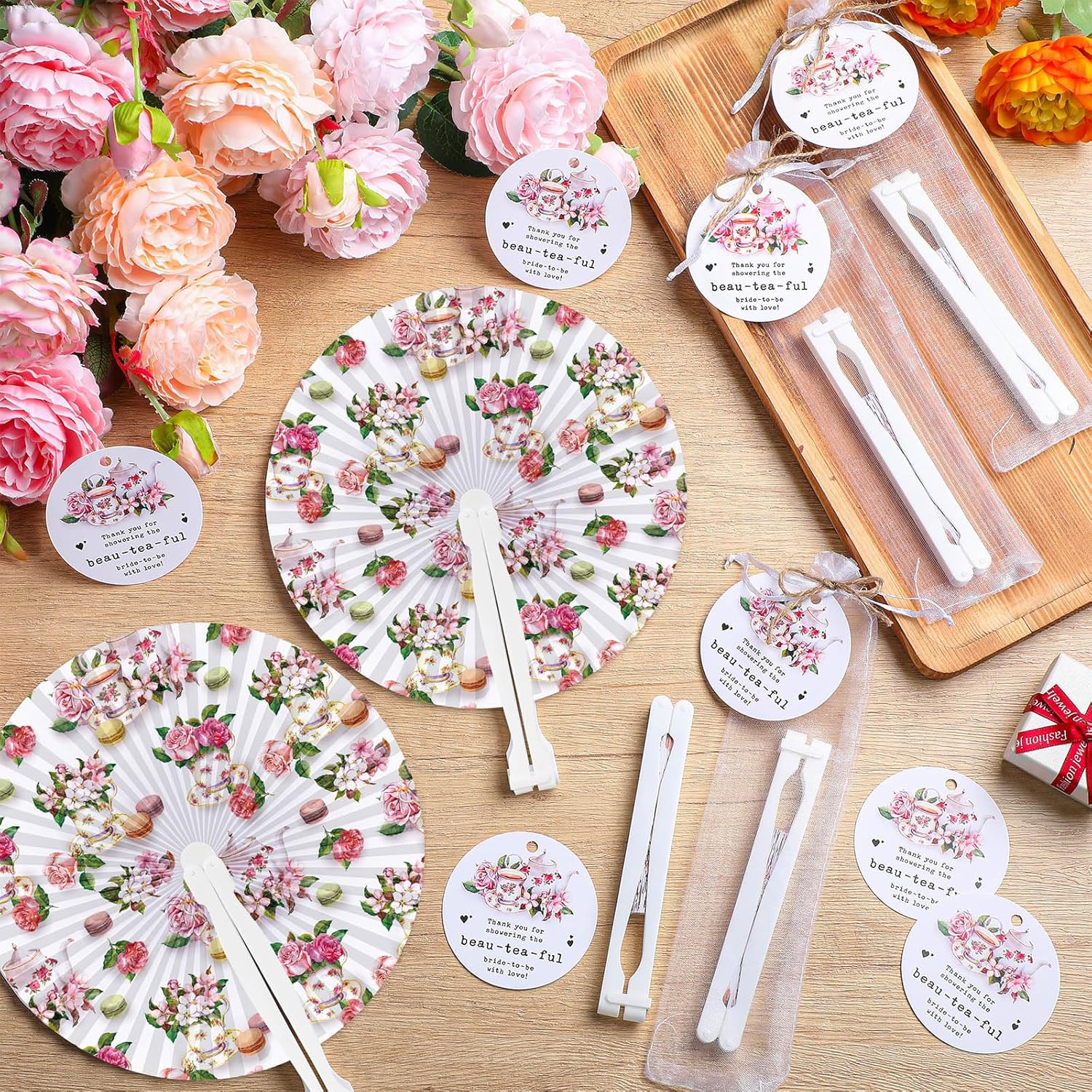 CroBlissful 50 Sets Bridal Shower Tea Party Favors for Guests Floral Handheld Fans with Thank You Card Wedding Hand Fans Tea Party Favors for Bridal Shower Party Supplies