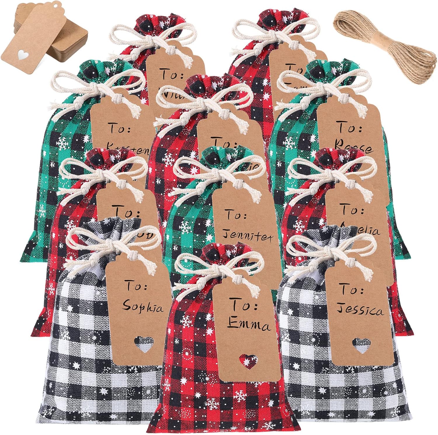 Shappy 48 Pcs Christmas Drawstring Bags Xmas Buffalo Plaid Burlap Candy Bags Linen Treat Sack Holiday Party Favor Christmas Sack Sachet with Cards and Rope(10 x 8 Inch,Black Red)