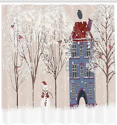 Miniatura 18 de Ambesonne Cortina de ducha de Navidad, estilo retro, palabras de deseos de Navidad con forma de árbol con adornos, juego de decoración de baño de