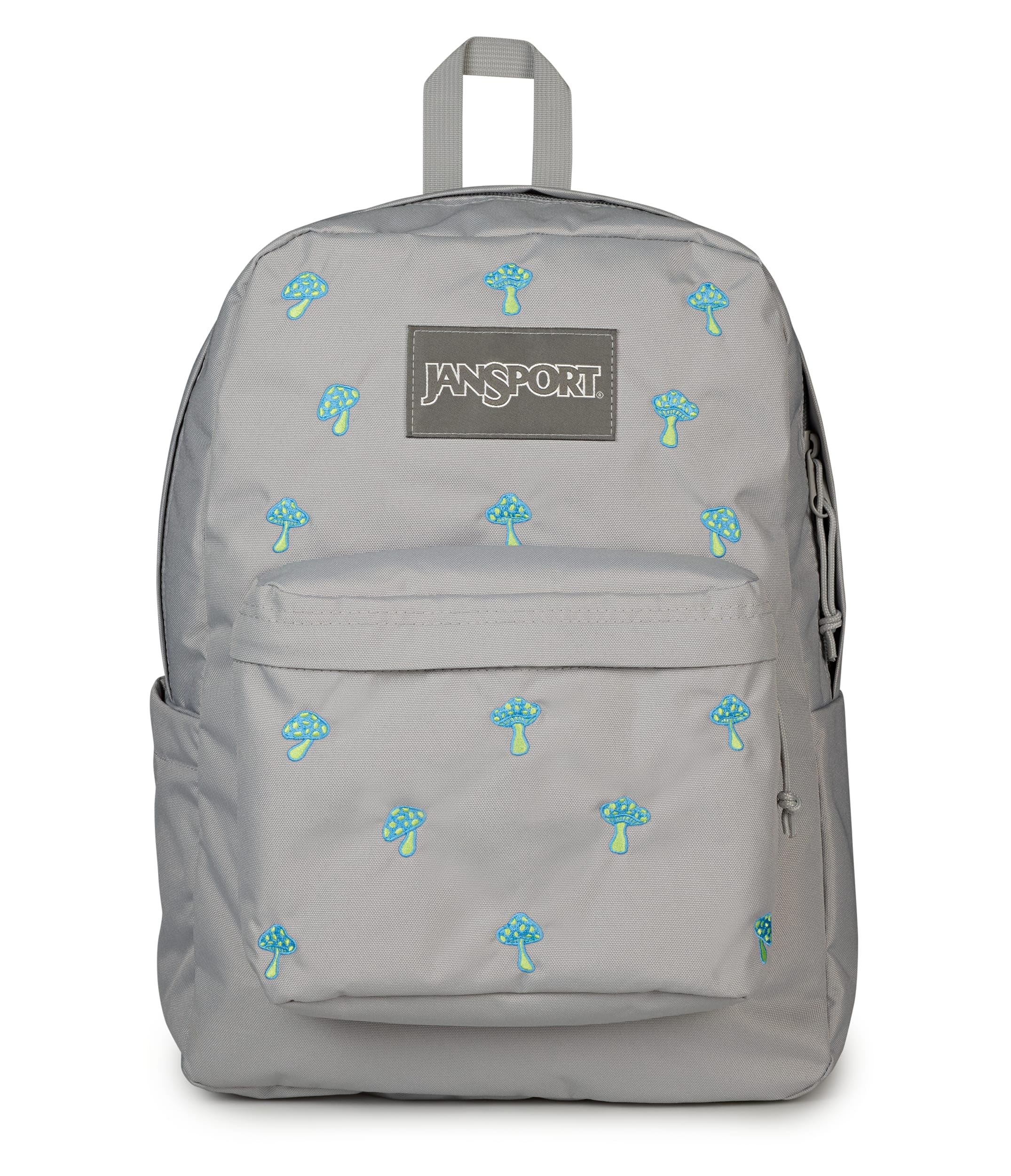 JanSport Superbreak Plus FX Backpack - Work, Travel, or Laptop Bag with Water Bottle Pocket, Superbreak Plus Fx, Embroidered Shrooms Md Grey/E Azul/Bratty