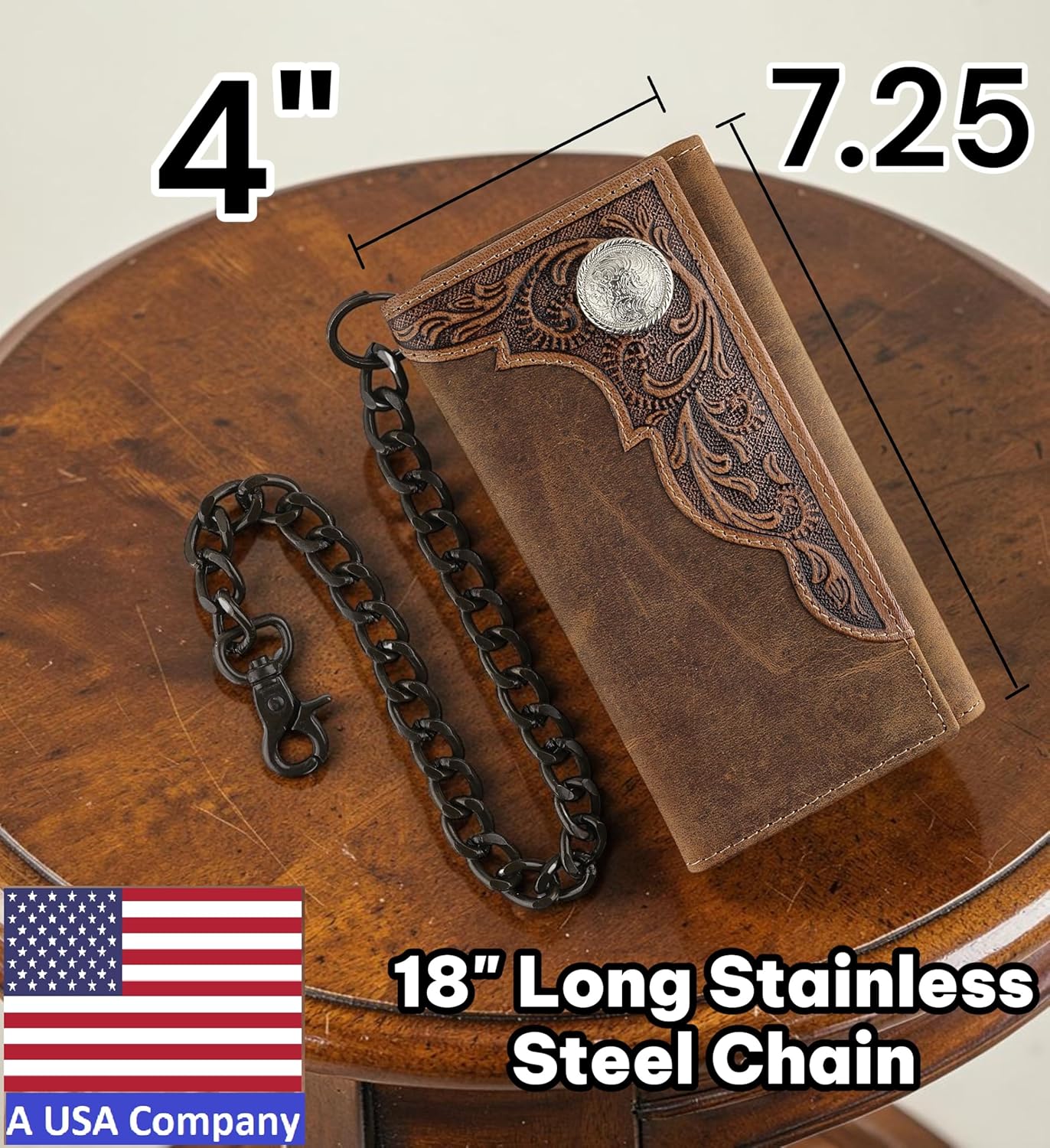 F&L CLASSIC RFID Blocking Mens Tri-fold Long Style Cowhide Leather Steel Chain Wallet,brown western,212-82