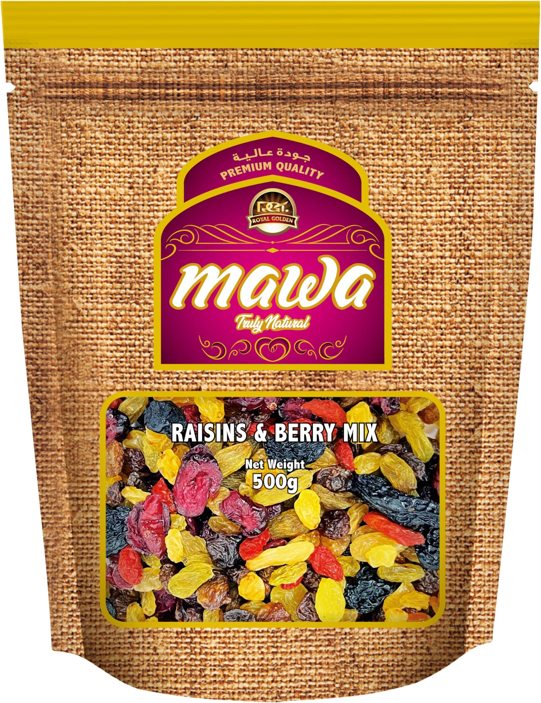 Mawa Raisins and Dried Berry Mix- Cranberries | Chilean, Brown, Golden and Green raisins | Goji Berries | Blue berries | High in fiber | No added sugar | Resealable zipper pouch 500g