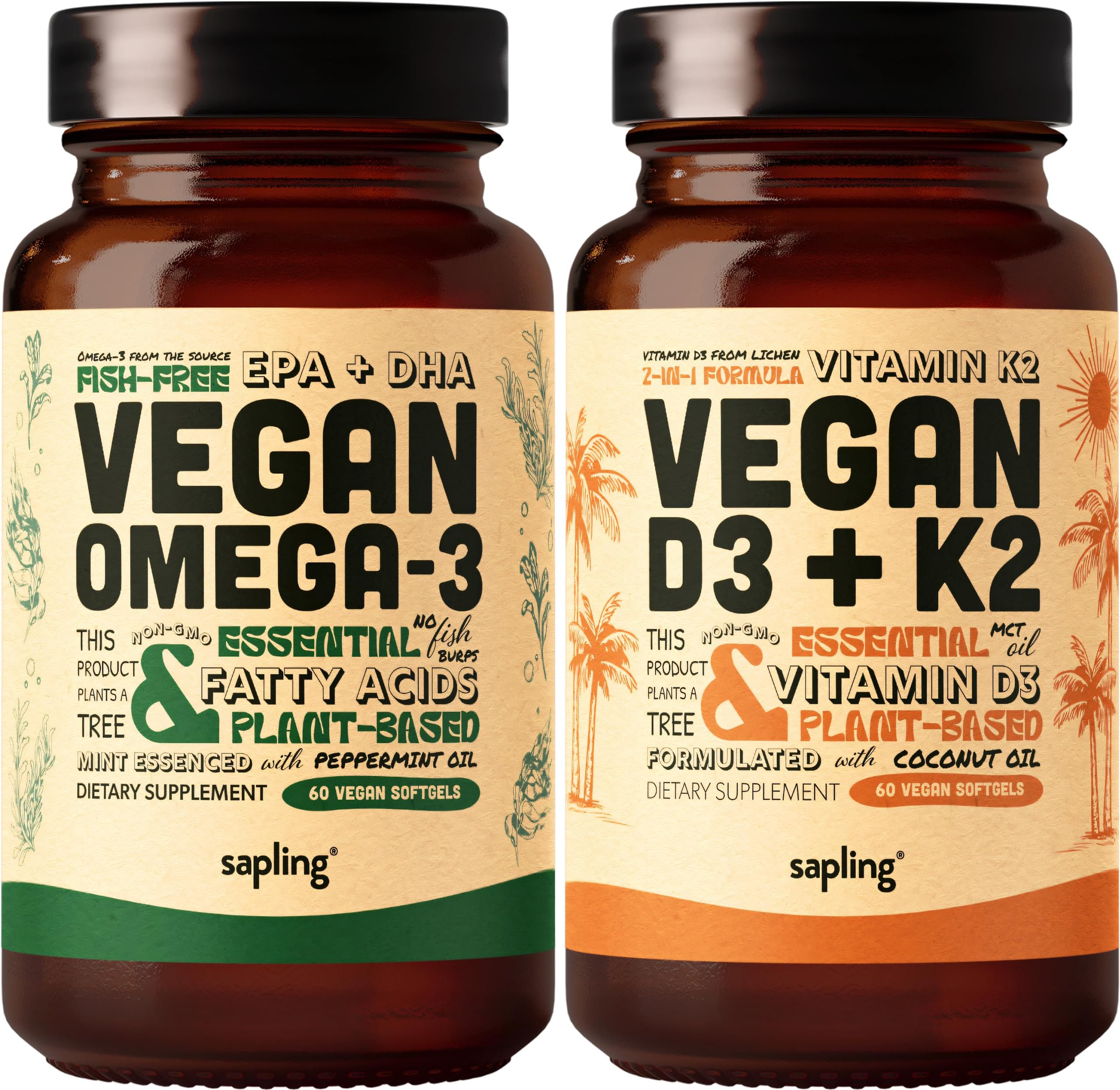 Vegan Omega 3 & Vegan Vitamin D3 + K2 Supplement Bundle - Plant-Based DHA & EPA Fatty Acids, 4000 IU Vitamin D3 and 100mcg Vitamin K2 as Mk7