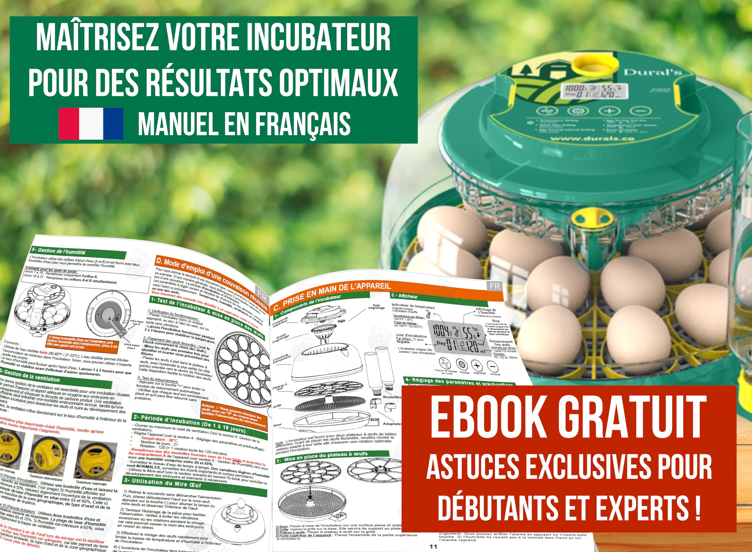 Dural's DX5® | Couveuse œuf automatique | Professionnel & Haute Précison | Certifiée CE | Contrôle de la Température & Humidité | Oeufs de Poule, Caille, Canard | Retournement Œuf automatique (DX5)