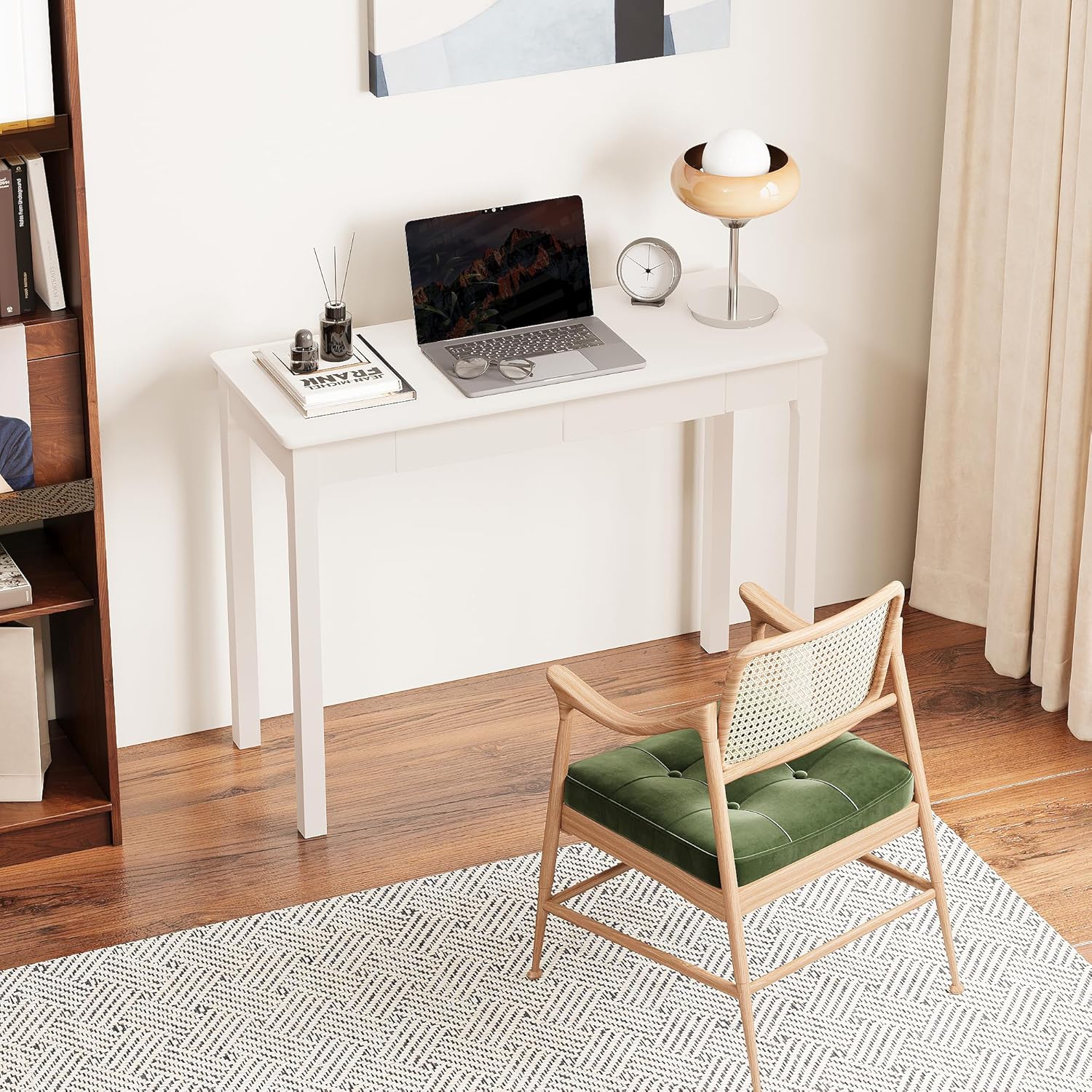 Solid Wooden Desk with Drawers - 39 x 16 Inch Modern Narrow Desks, Rubberwood Simple Study Table, Small Writing Desk for Bedroom|Small Spaces - White Desks