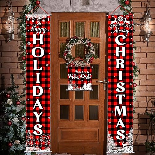 Miniatura 6 de Boao Cartel navideño de 3 piezas de Navidad para porche, pancarta de Feliz Navidad, pancarta de bienvenida para puerta delantera, letrero colgante
