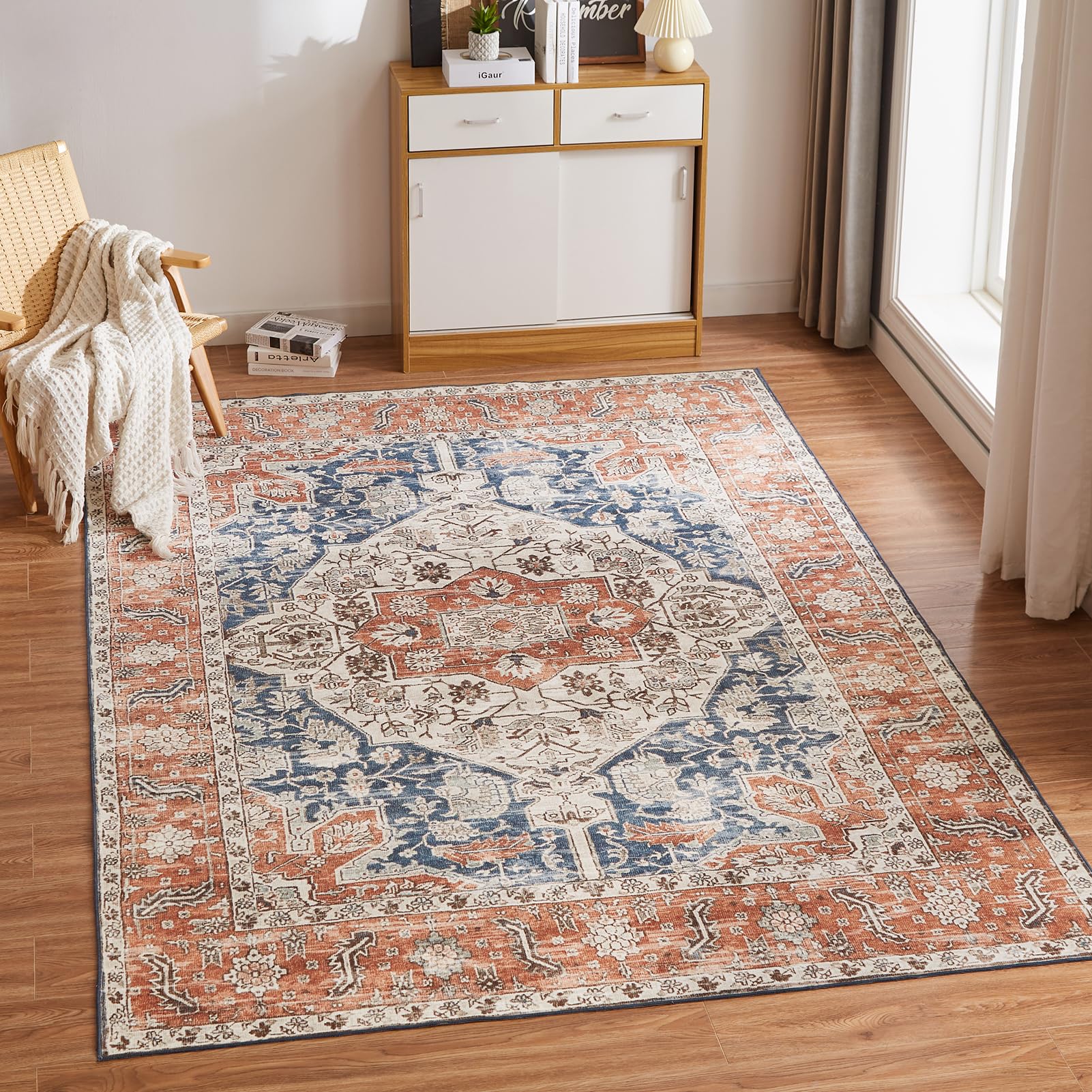 CHOSHOME Waschbarer Teppich Wohnzimmer Vintage Kurzflor Teppich Groß Orientalischer Carpet für Esszimmer Schlafzimmer rutschfest Teppiche Kunstwolle Boho Teppich Läufer 240X340CM Orange
