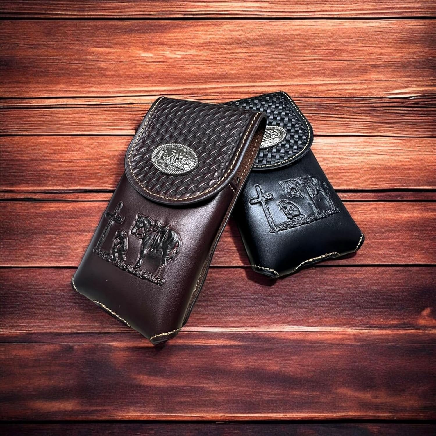 Cowboy Prayer Leather Holster Cross Phone Pouch Coffee Brown Western Leather Craft with Metal Concho Handmade by Egifthome USA Item# EH12707, Size 7" Lx4 W x 1" H