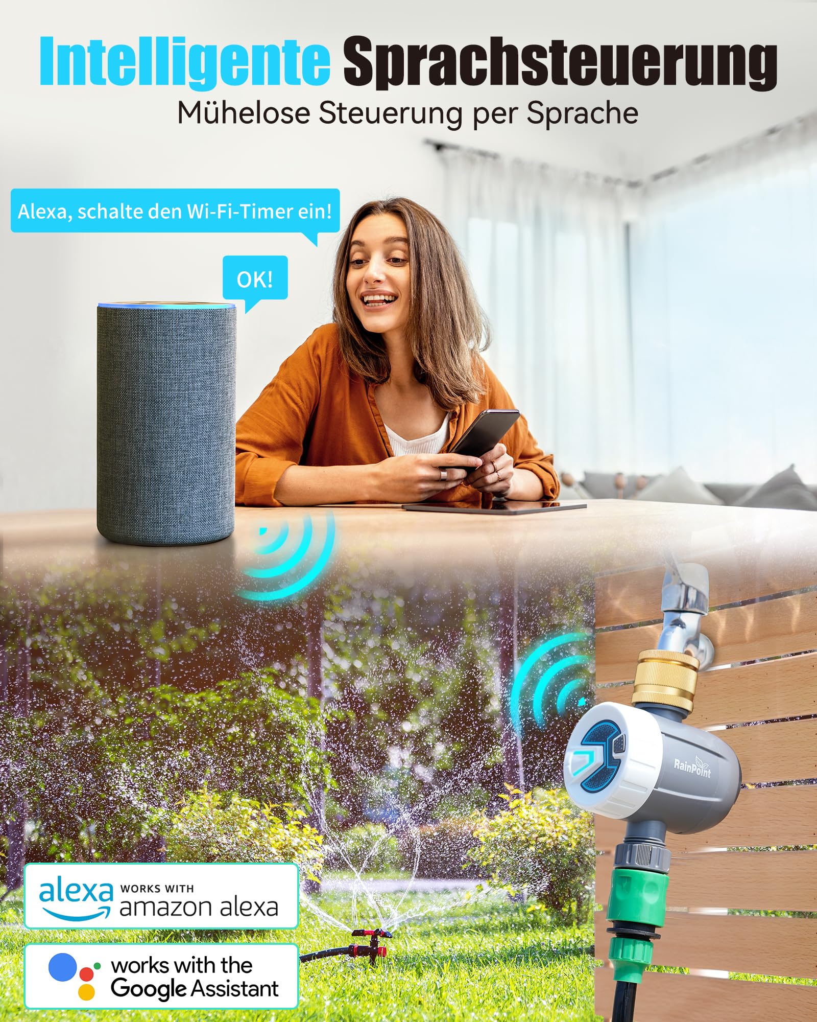 RAINPOINT Programador Riego WiFi, Temporizador Riego Automatico WiFi con Entrada de Latón, Modo de Ciclo y Remojo, Control Remoto App a través de WLAN de 2,4 GHz o Bluetooth, para Césped y Jardín
