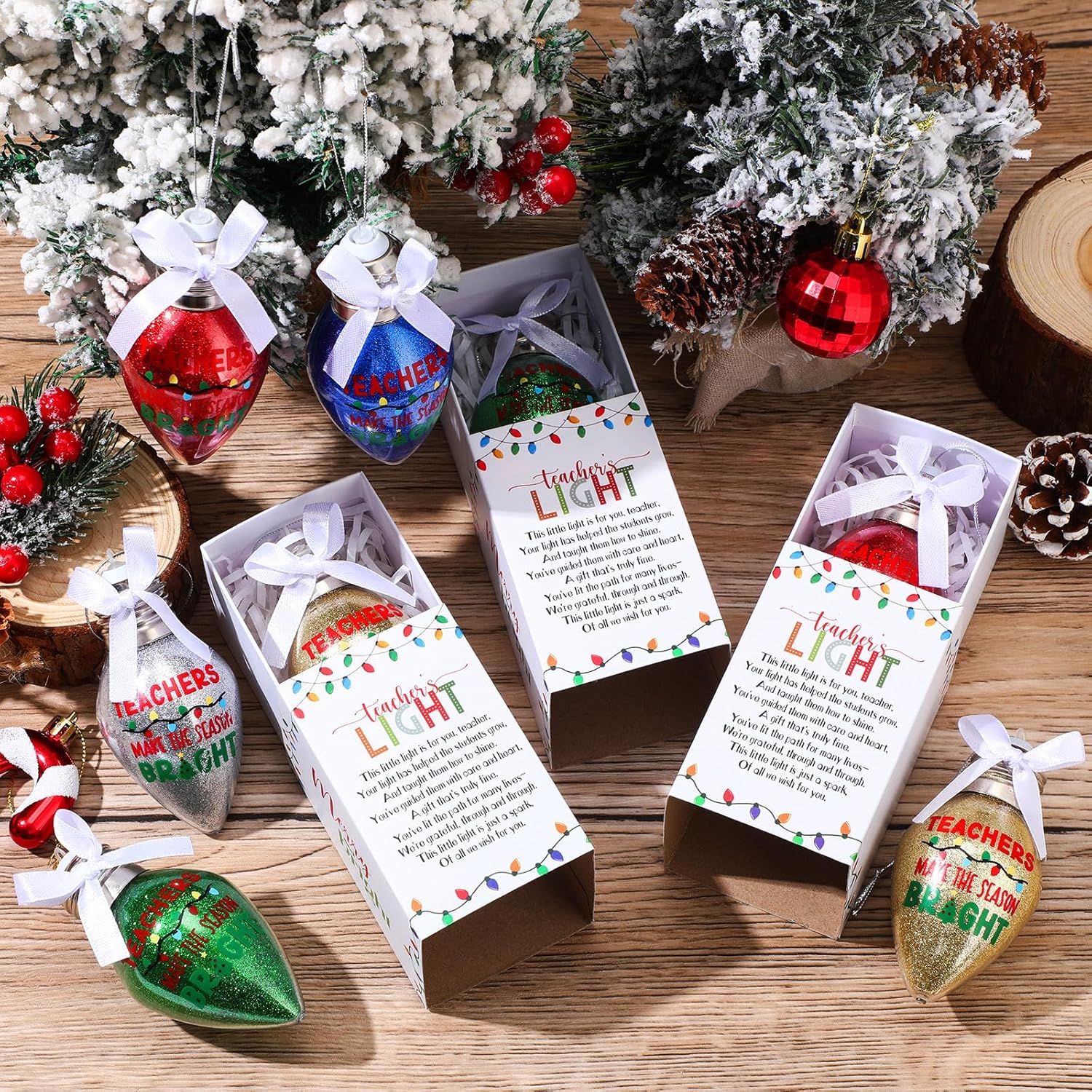 30 Set Teachers Christmas Gifts Bulk Light Bulb Ornaments Hanging Glitter Plastic Lightbulbs with Box Thank You Christmas Appreciation Gifts for Teacher Xmas Tree Decoration