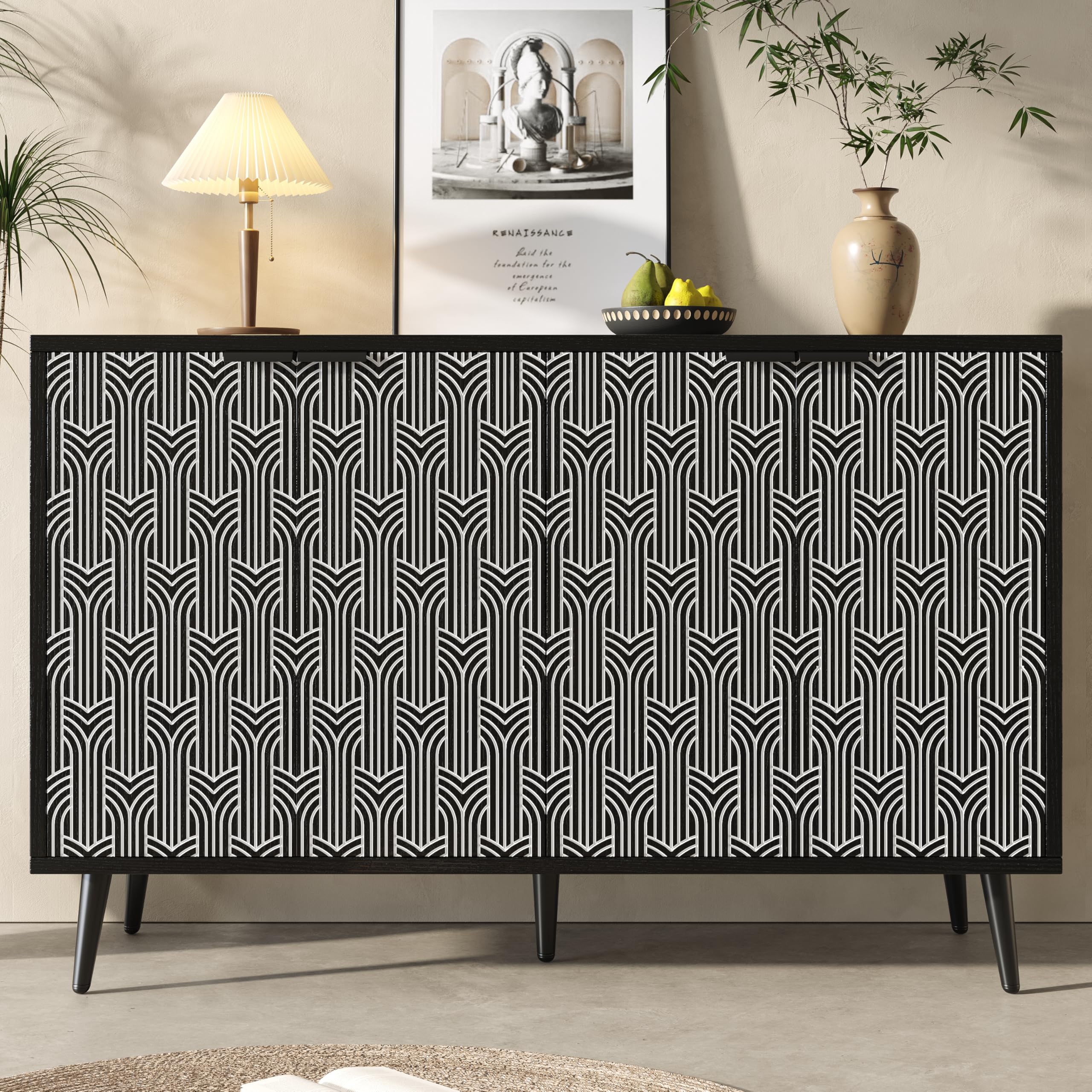 Credenza 120 Cm Nera Con Ante Geometriche Incise E Ripiani Interni Regolabili, Credenza Cucina Salvaspazio In MDF Con Piedini In Metallo, Buffet Funzionale Per Cucina Soggiorno Sala Da Pranzo