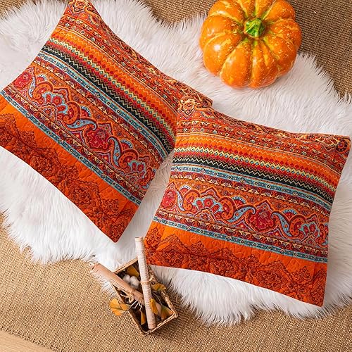 VAPUTAR Juego de 2 fundas de cojín decorativas bohemias para sofá o cama, fundas de cojín cuadradas de 18 x 18 pulgadas, patrón jacquard a rayas