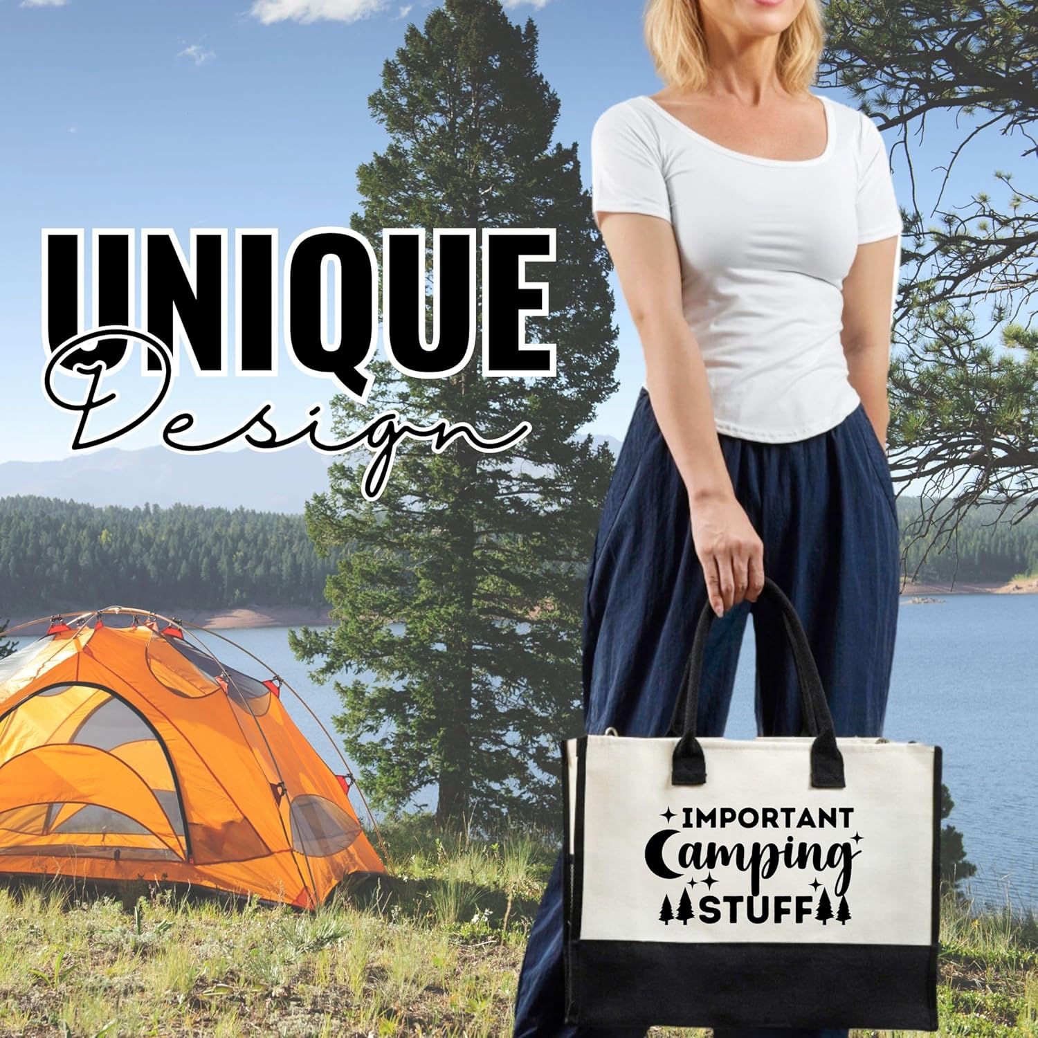 InnoBeta Camping Gifts for Women, Funny Canvas Tote Bag for Friends, Coworkers, Bag with Zipper & Shoulder Strap for Birthday, Camping Stuff