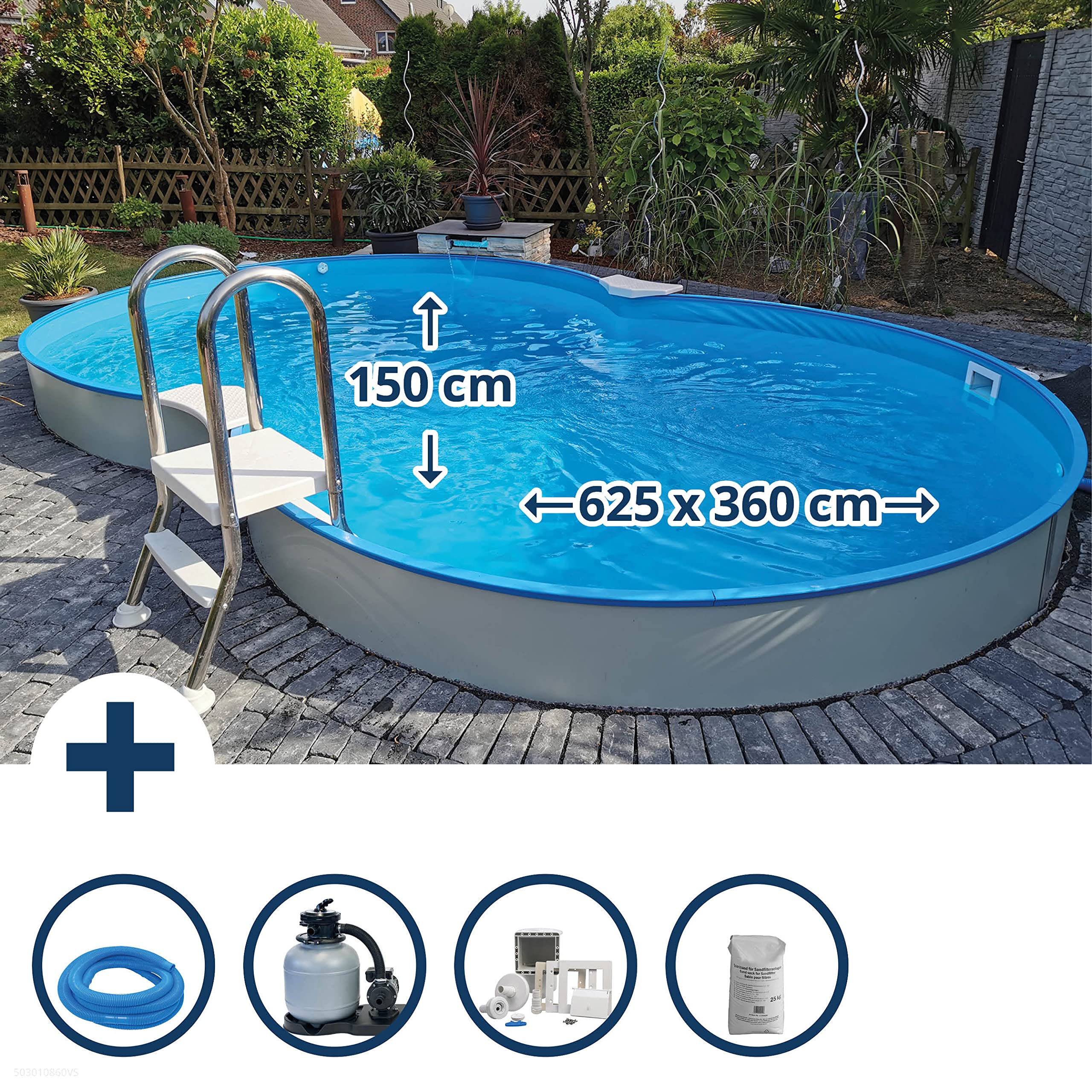 Stahlwandpool Set achtform Cannes 625x360x150cm, Stahl 0,8mm weiß, Folie 0,6mm blau, Einhängebiese