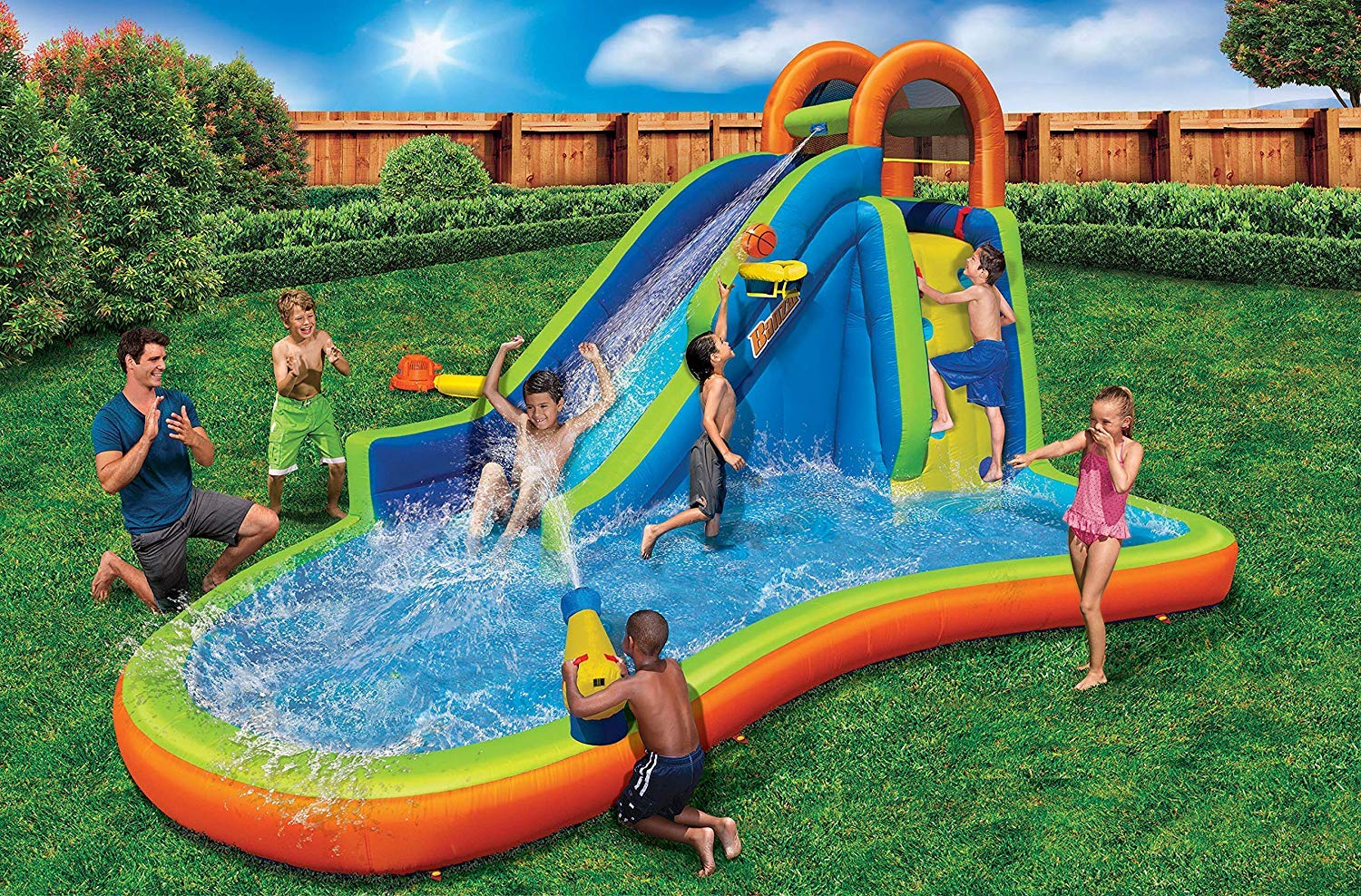 BANZAI Big Blast Water Park, Length: 14 ft 5 in, Width: 10 ft 7 in, Height: 7 ft 11 in, Inflatable Outdoor Backyard Water Slide Splash Bounce Climbing Toy