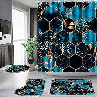 Poedist 4 Pcs Bathroom Shower Curtain Set,Peak Blue Honeycomb Marble Bathroom Sets with Rugs(Bath Mat,U Shape and Toilet Lid Cover Mat) and 12 Hooks