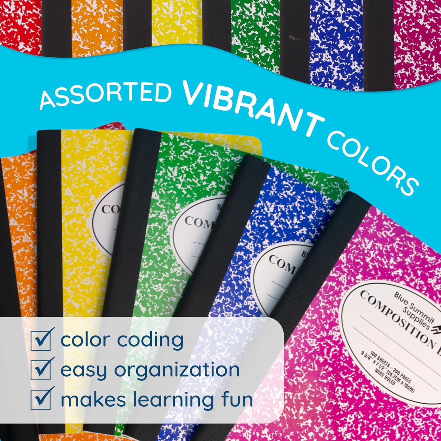 Blue Summit Composition Notebook Wide Ruled, Assorted Color Wide Ruled Composition Notebook, Marble, 100 Sheets per Book, Bulk 12 Pack