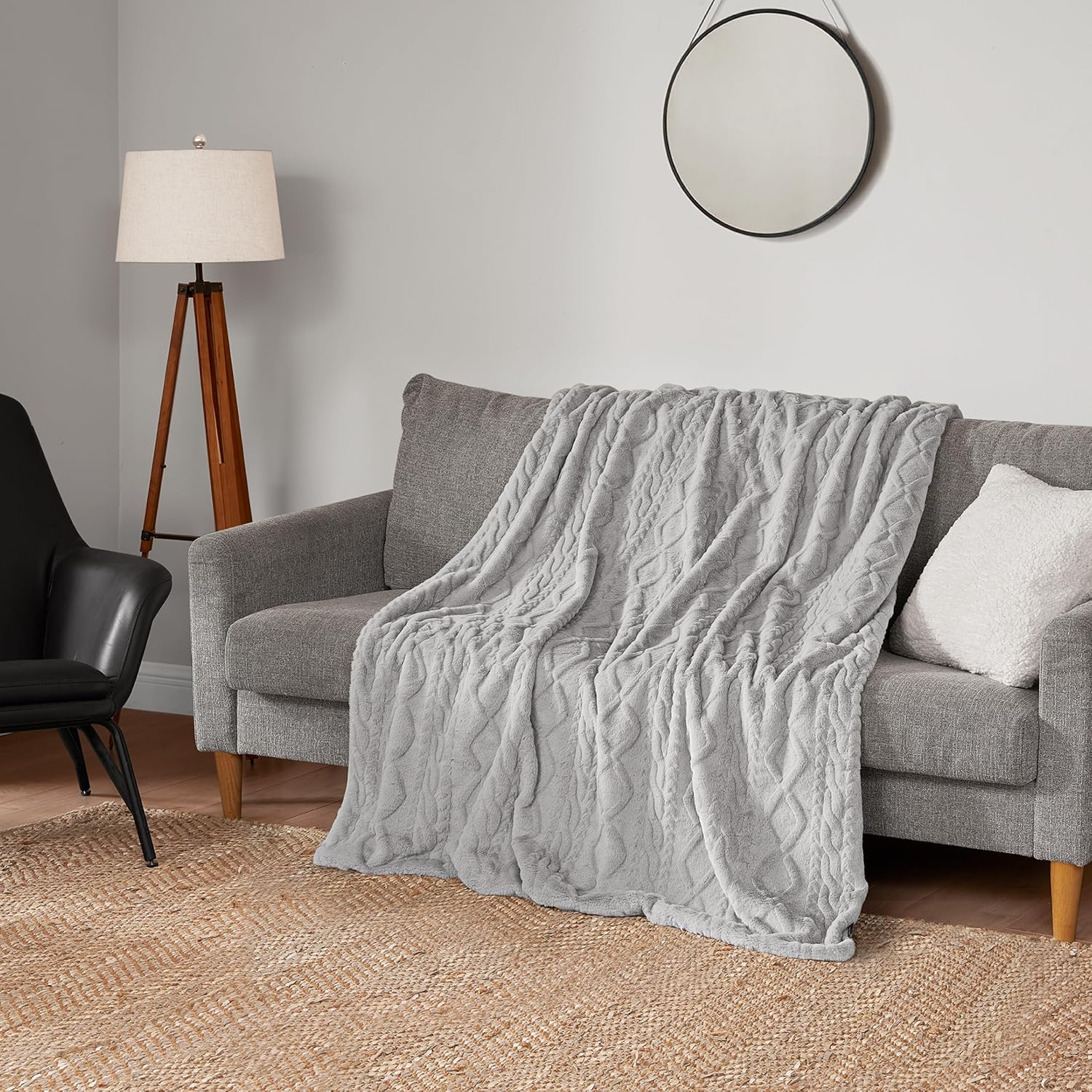 Lucky Brand Embossed Cable Rabbit Faux Fur Throw Blanket - Grey - 50"X70" - Plush & Soft - Image 4